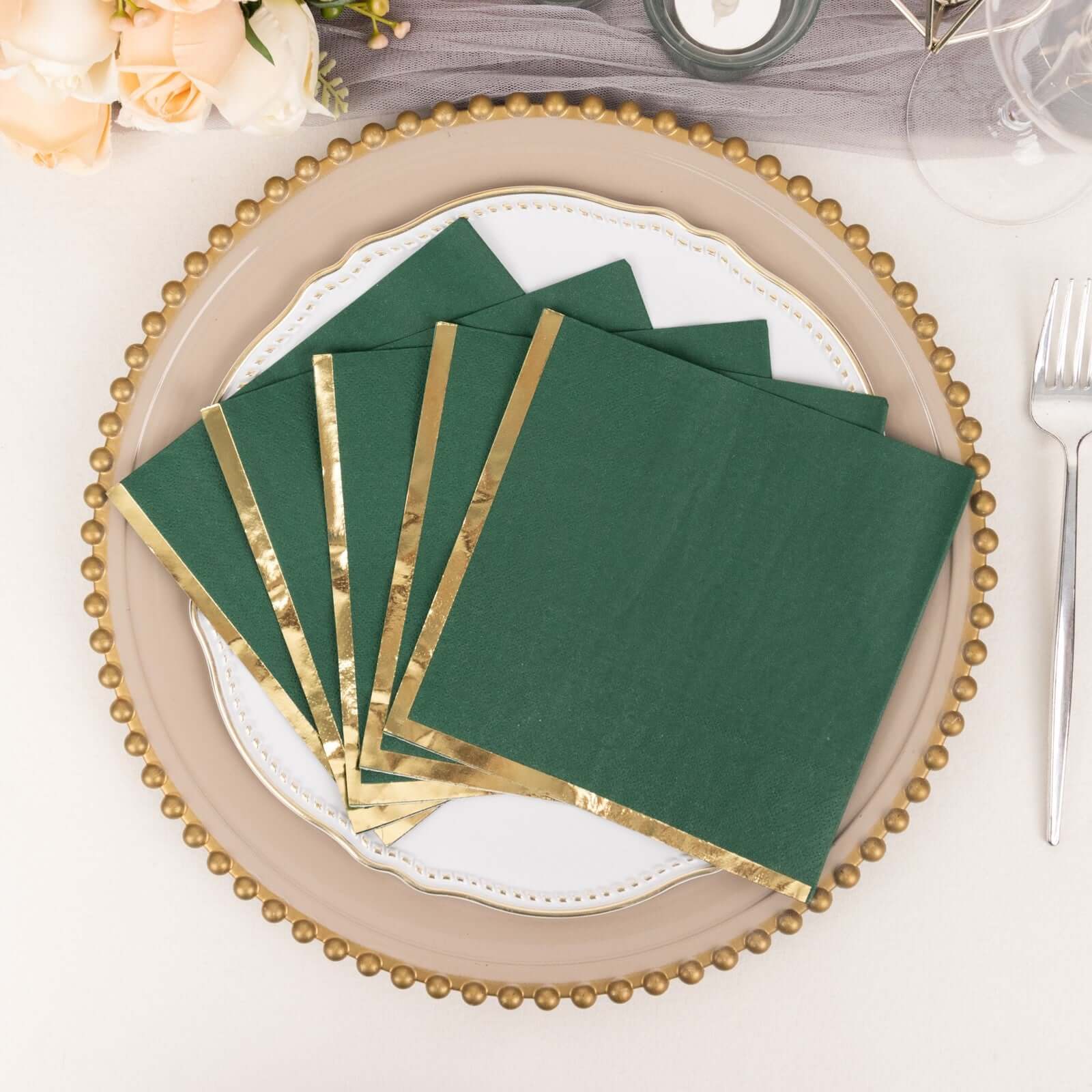 50-Pack Paper Beverage Napkins with Gold Foil Edge Hunter Emerald Green - Disposable 2 Ply Cocktail Napkins for Events 6.5x6.5