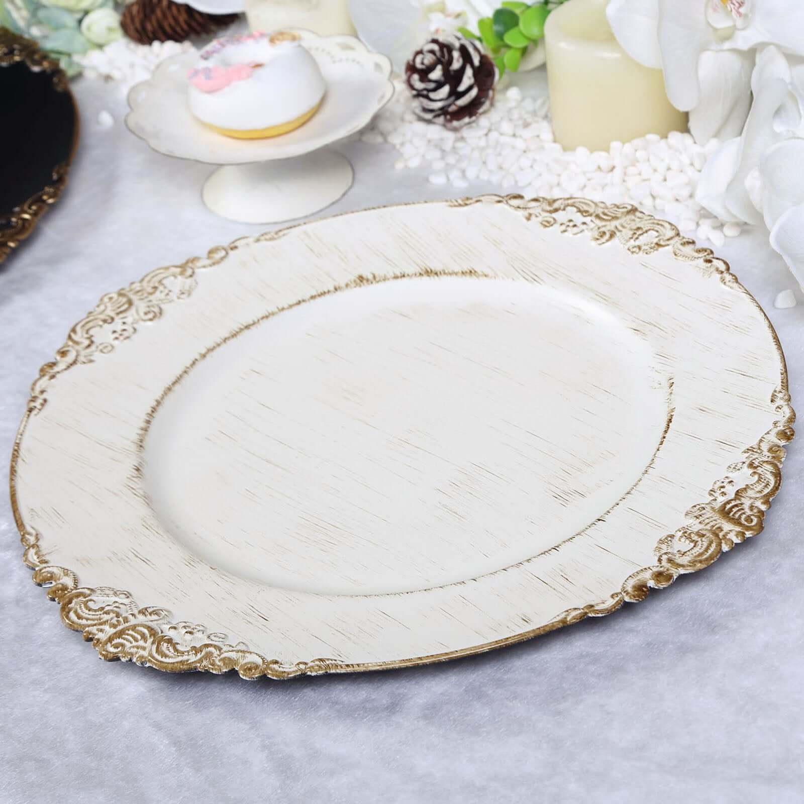 6-Pack Acrylic Round Charger Plates 13 in White Washed with Gold Embossed Baroque Rim, Antique Decorative Dinner Party Charger Tableware