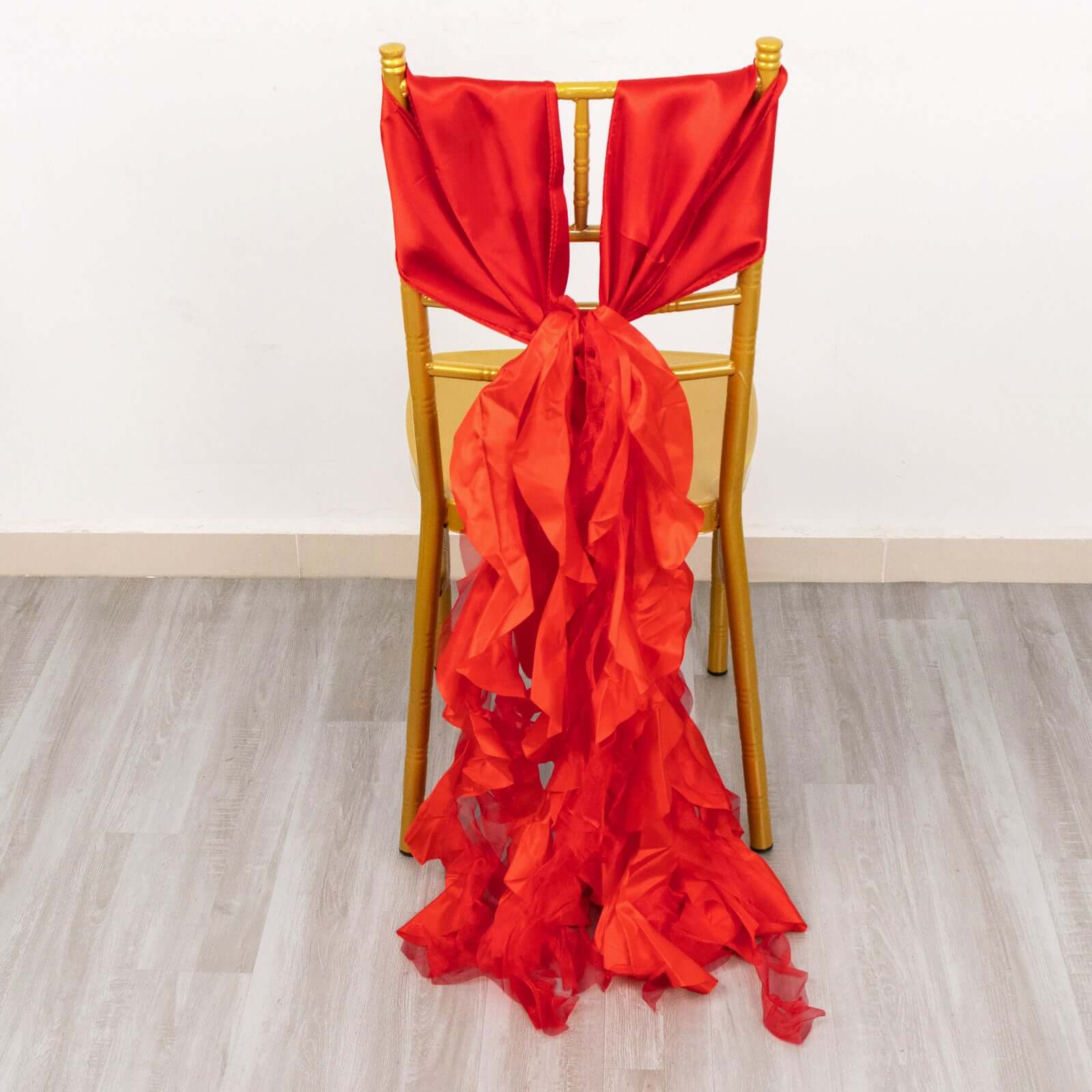 5 Pack Chiffon Satin Chair Sashes Red - Easy to Install Ruffled Curly Willow