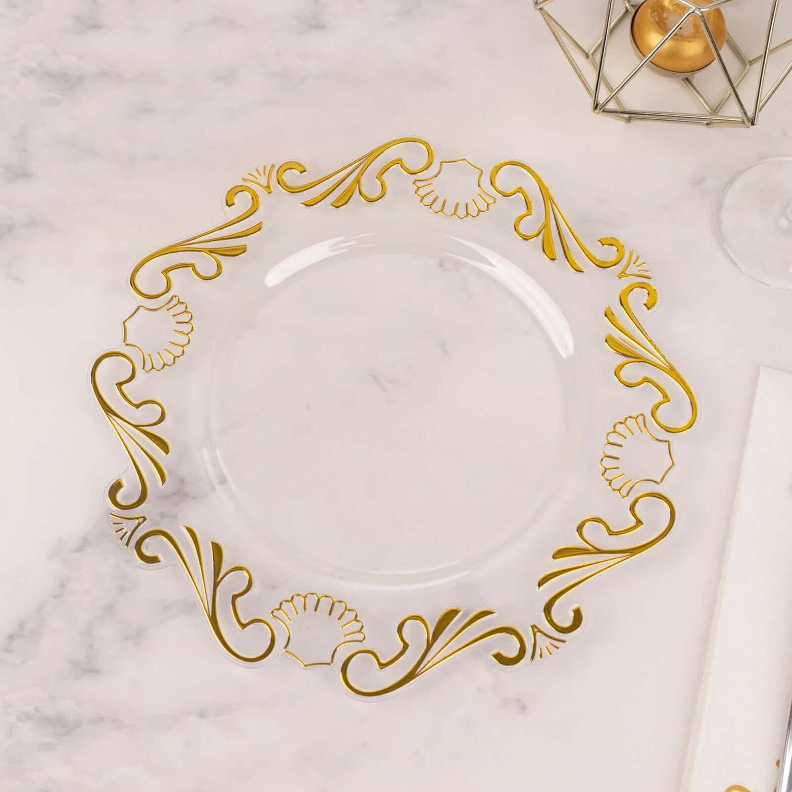 10-Pack Plastic 10 Round Dinner Plates in Clear with Gold Vintage Baroque Scalloped Rim - European Style Disposable Party Plates
