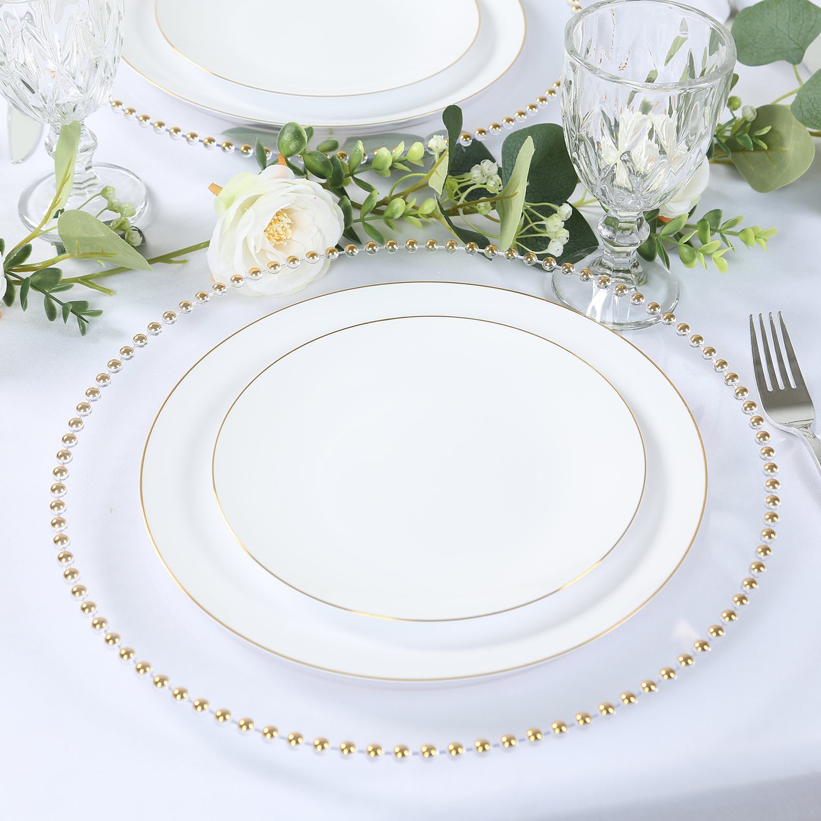 10-Pack Economy Round Plastic Charger Plates 13 in Clear with Gold Beaded Rim, Stylish Dinner Party Serving Plates