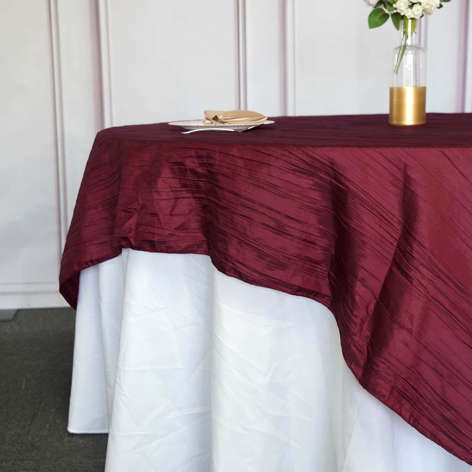 Taffeta 90x90 Table Overlay Square Tablecloth Burgundy - Accordion Crinkle Table Cover