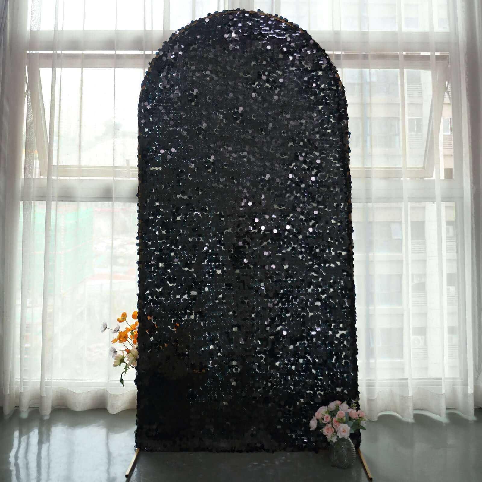 7ft Sparkly Black Double Sided Big Payette Sequin Chiara Backdrop Stand Cover For Fitted Round Top Wedding Arch