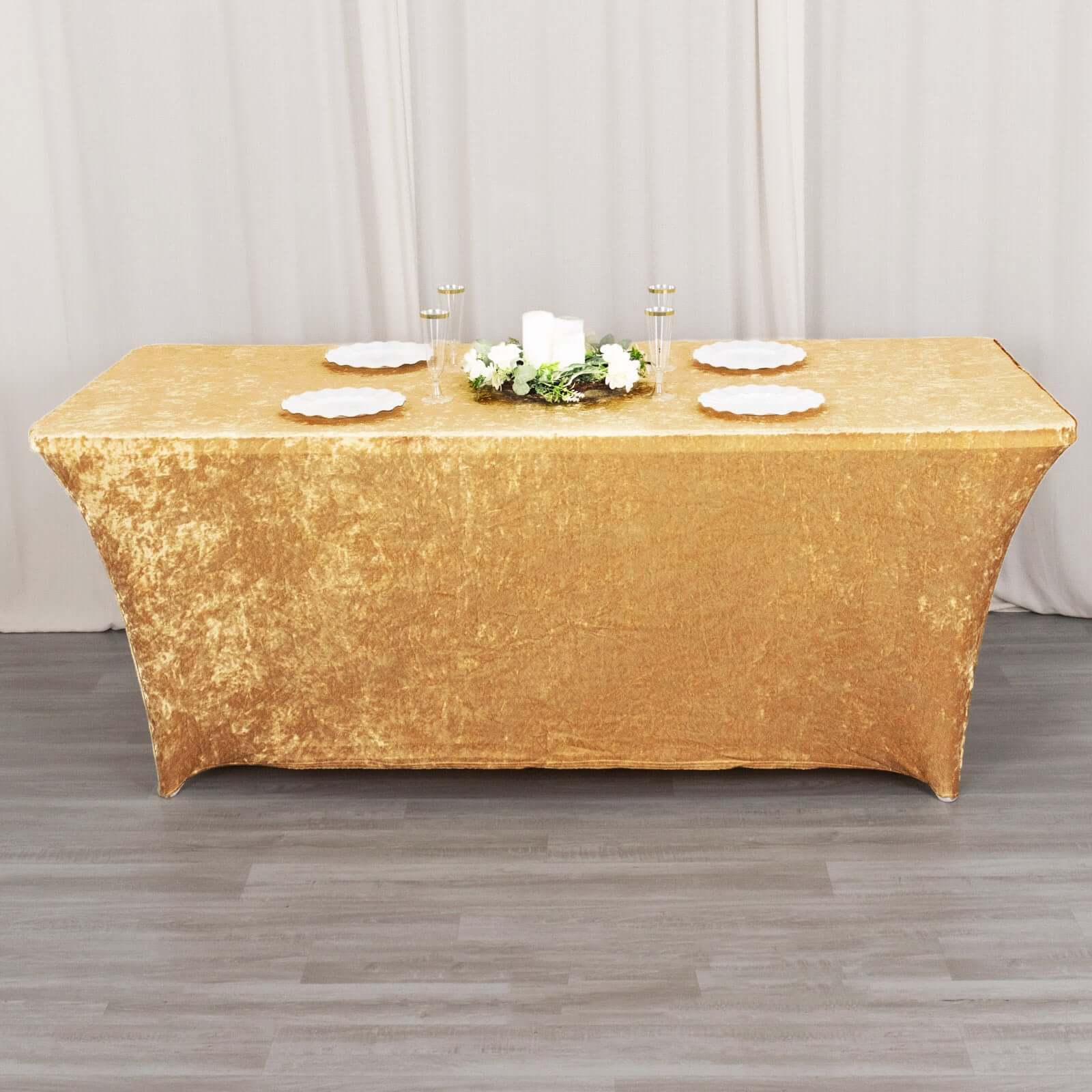 Crushed Velvet Fitted Rectangular 6ft Table Cover Champagne - Wrinkle-Free Stretchy Tablecloth