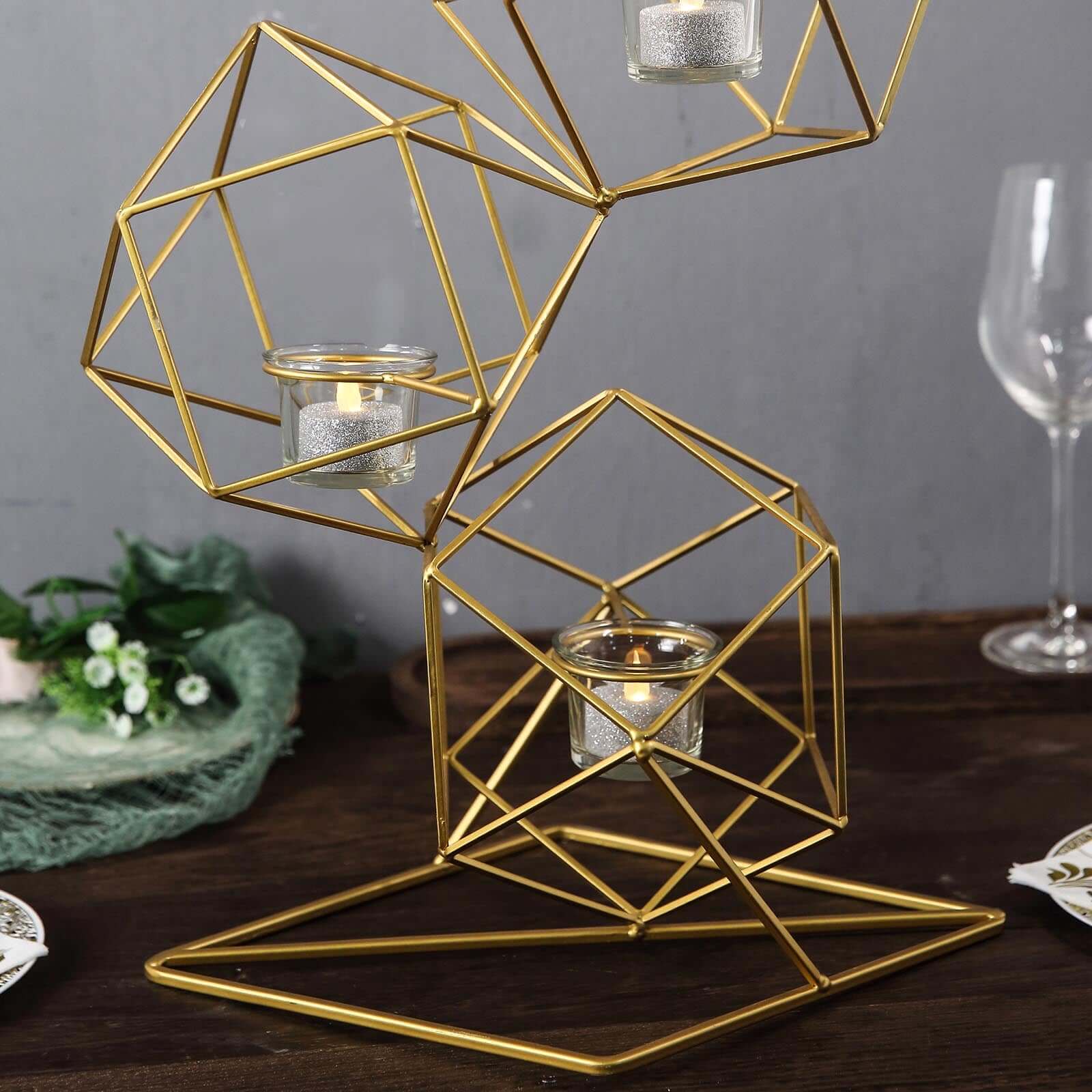 Tealight Candle Holder Metal Linked Geometric Design Gold with Votive Glass Holders - Sophisticated Decor for Tables & Gatherings 25