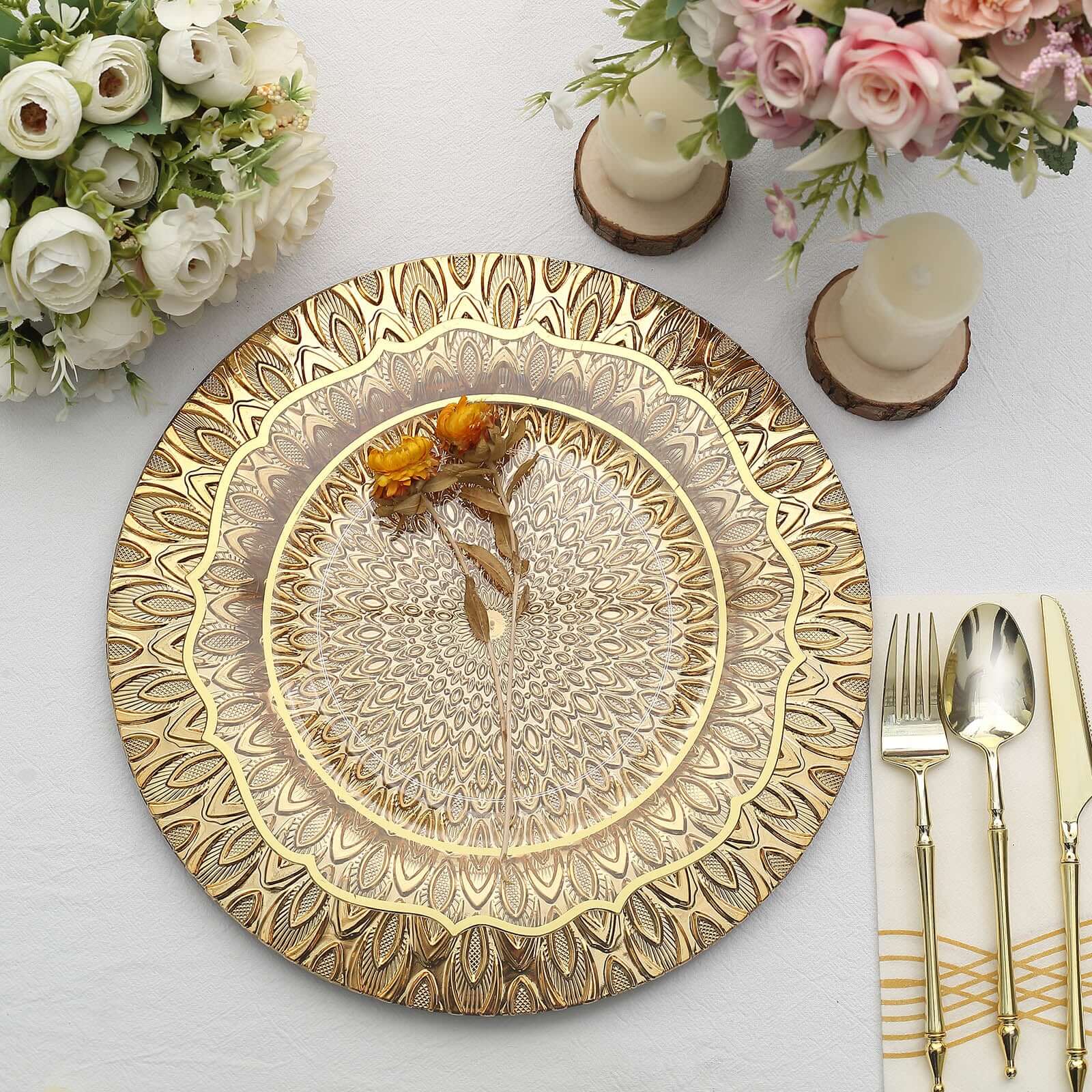 6-Pack Plastic Round Charger Plates 13 in Gold with Embossed Peacock Pattern, Stylish Disposable Charger Tableware