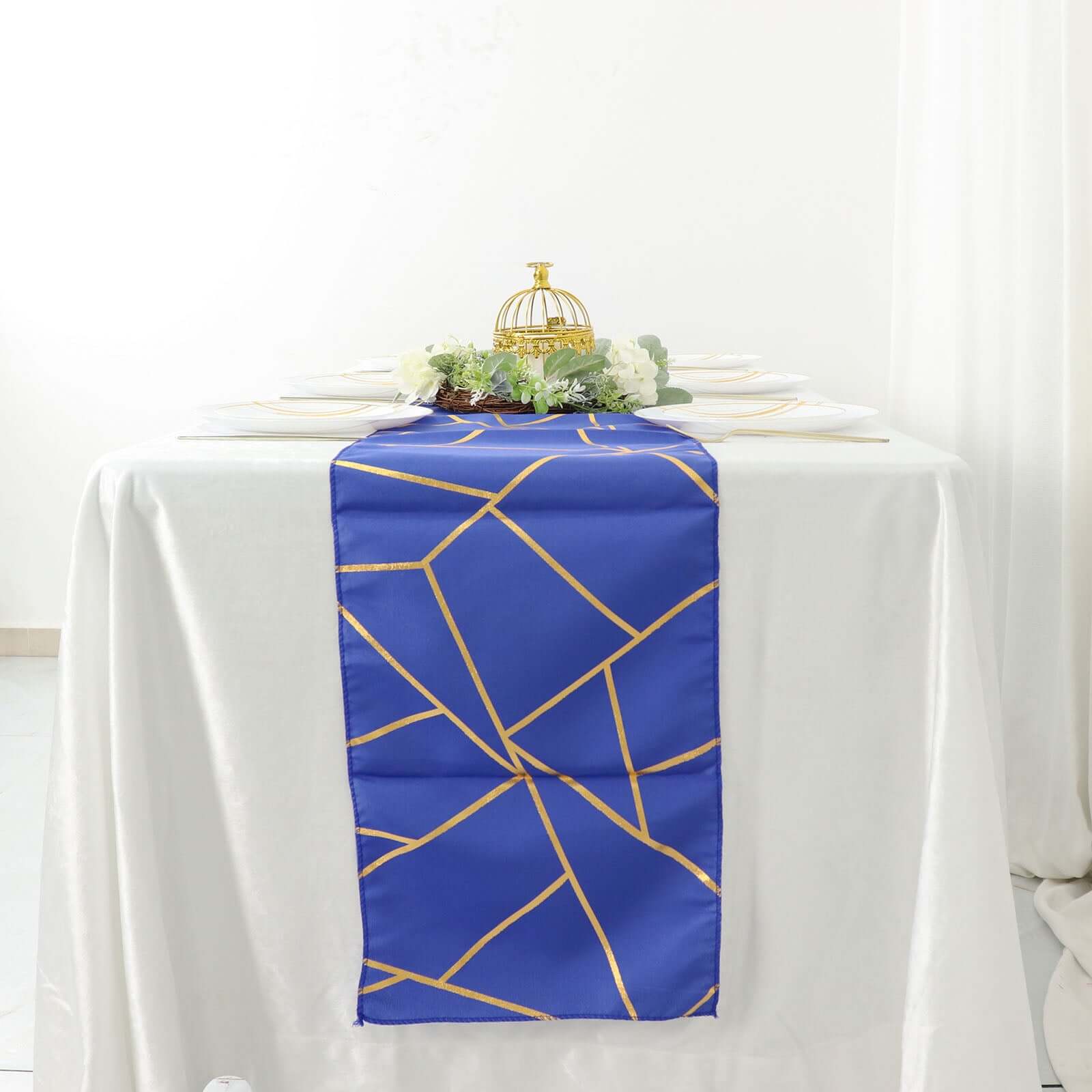 Polyester 9ft Table Runner Royal Blue with Gold Foil Modern Geometric Accent