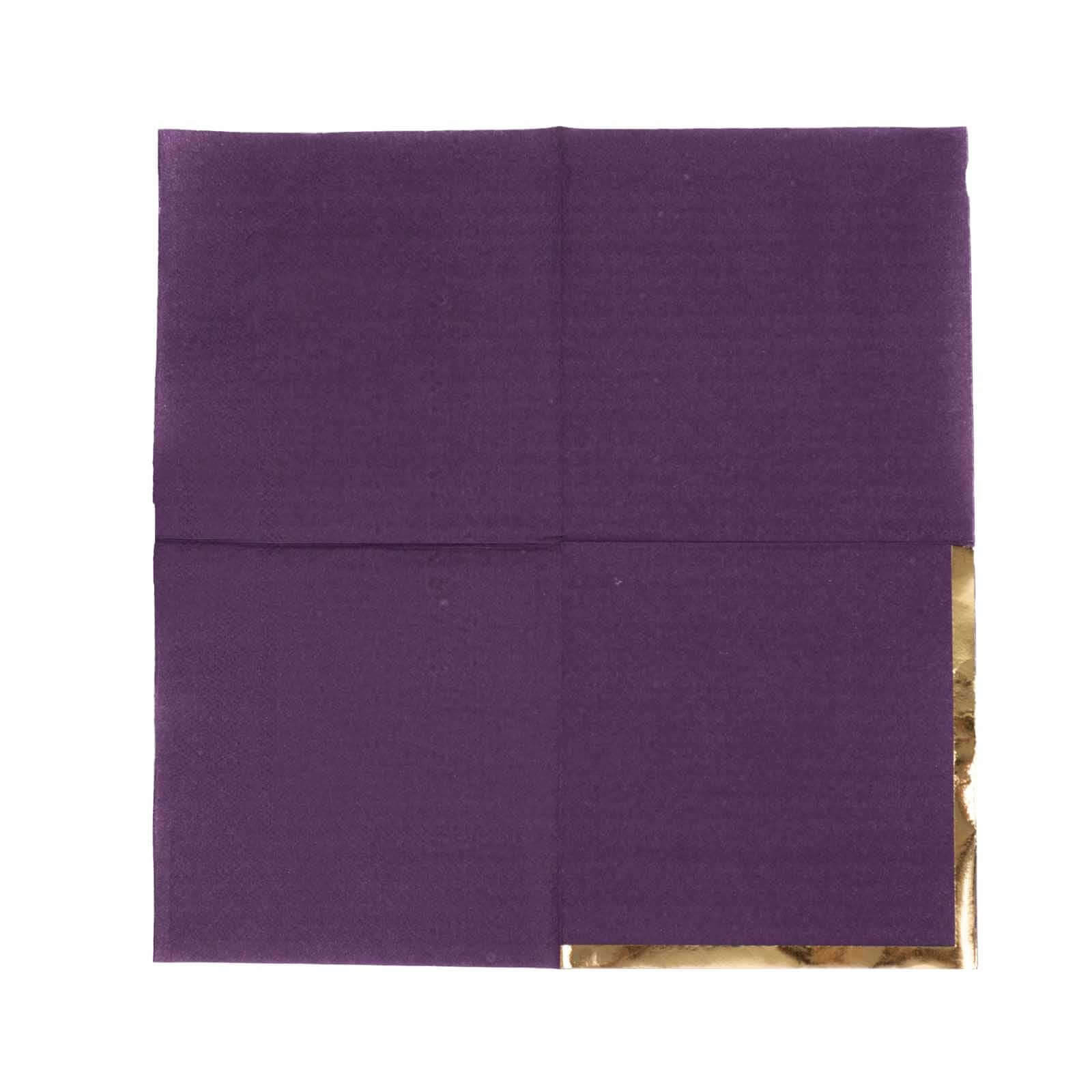 50-Pack Paper Beverage Napkins Purple with Gold Foil Edge - 2 Ply Disposable Soft 18GSM Cocktail Napkins 5x5