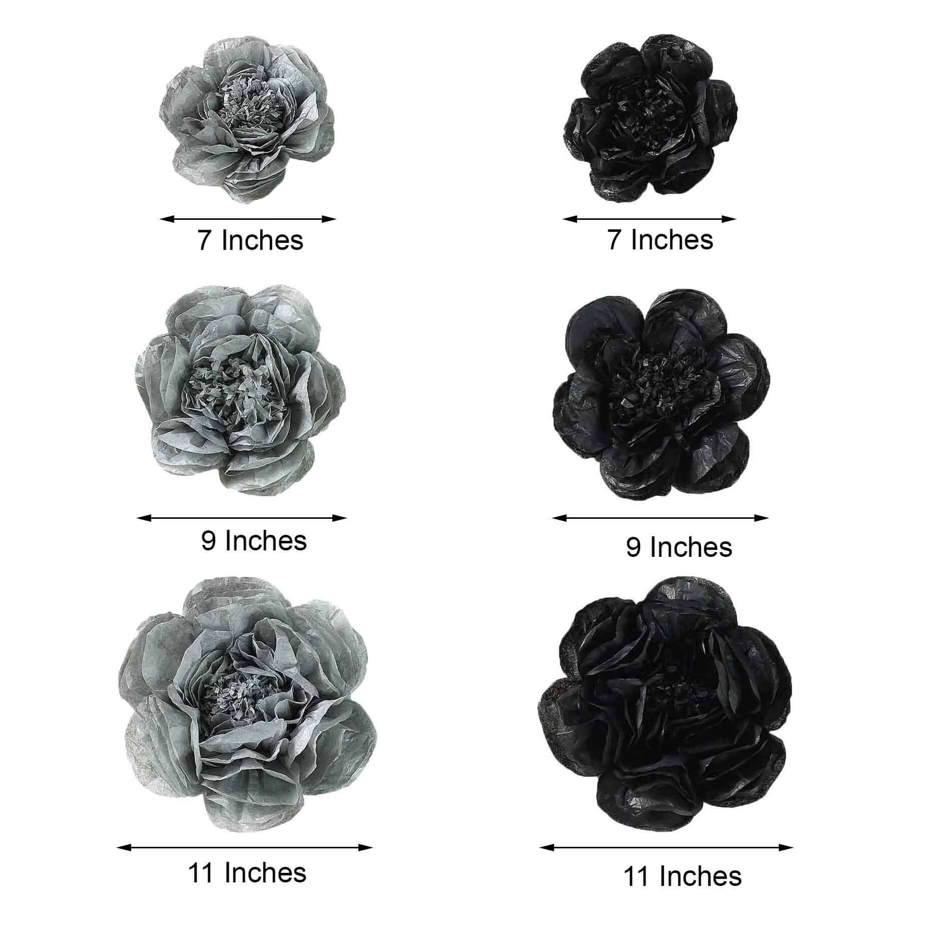 Set of 6 Black Charcoal Gray Peony 3D Paper Flowers Wall Decor - 7,9,11