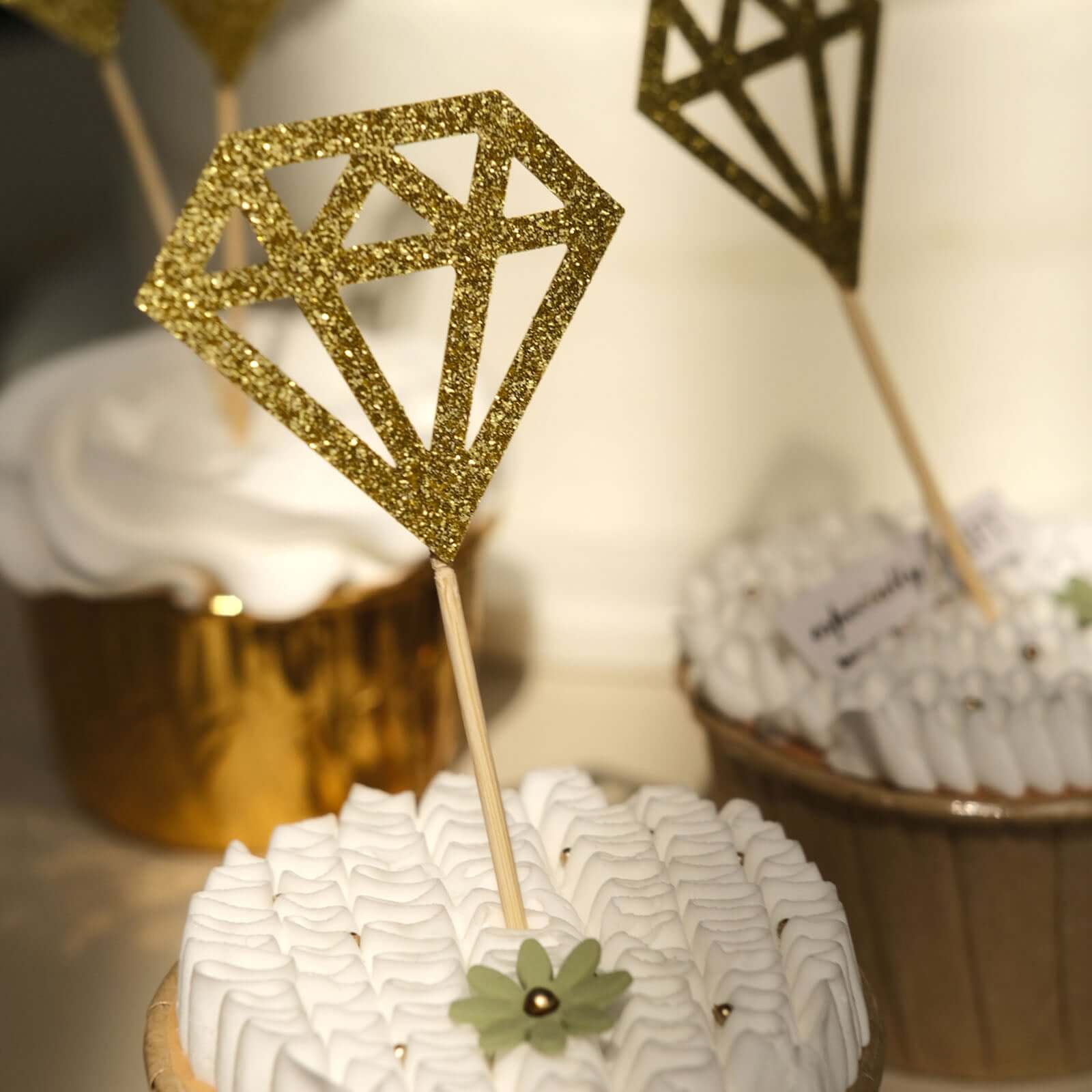 24-Pack Cupcake Toppers Diamond Ring Design Glitter Gold - Party Cake Picks Engagement Decoration Supplies