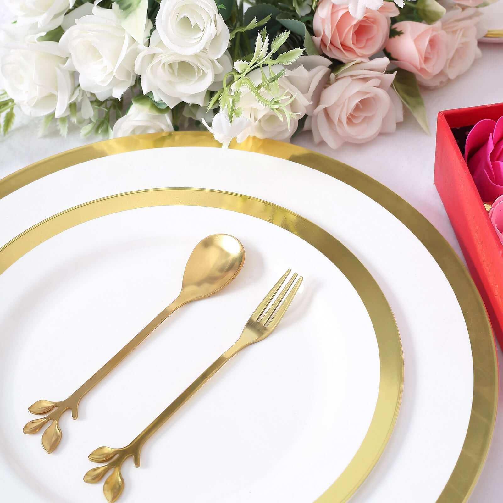 Gold Metal Spoon & Fork Pre-Packed Wedding Party Favors Set With Leaf Shaped Handle, Bridal Shower Souvenir Gift Box - 5