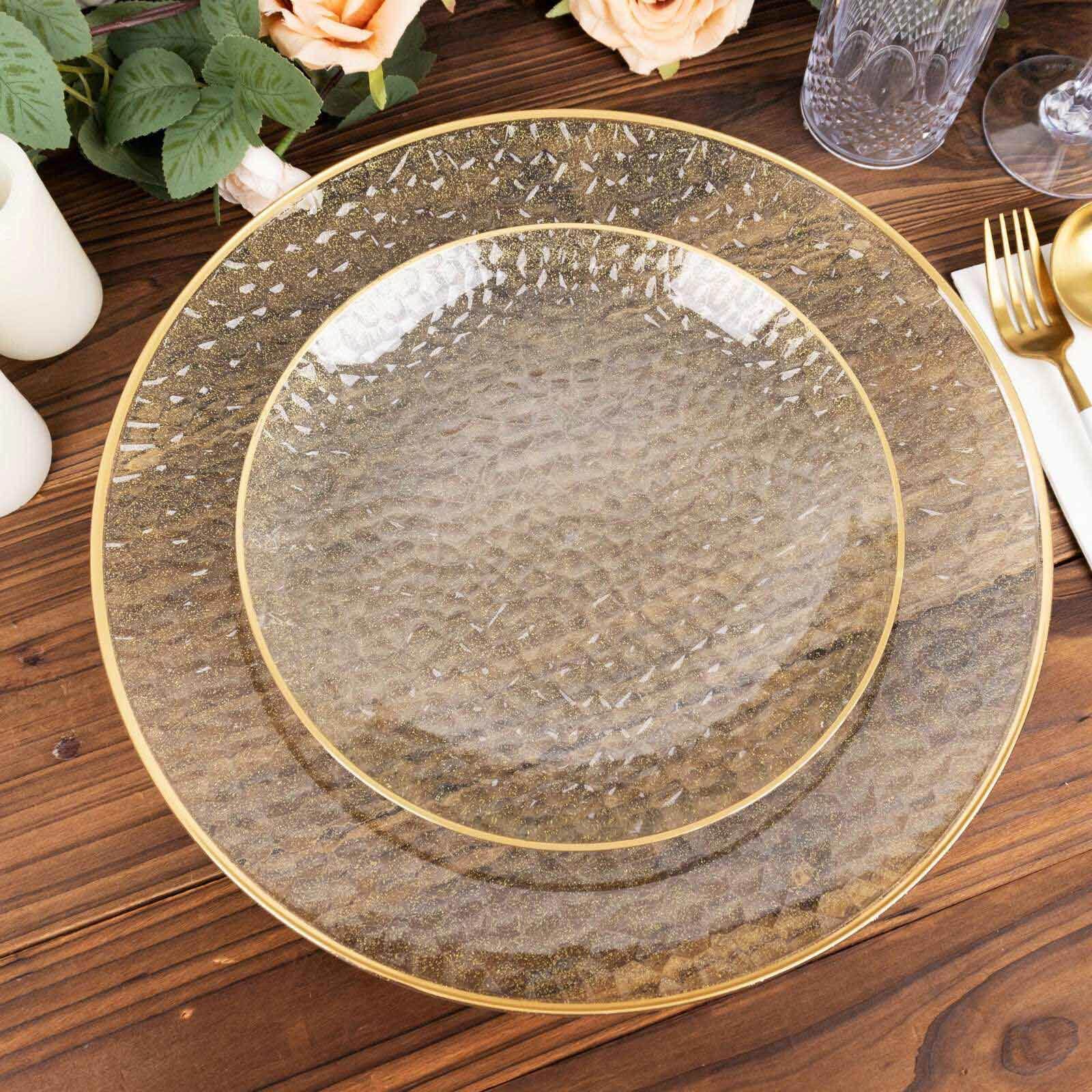 10-Pack Plastic 7 Round Dessert Appetizer Plates in Clear Gold Glittered Hammered Design with Gold Rim - Modern Disposable Salad Plates for Events & Banquets