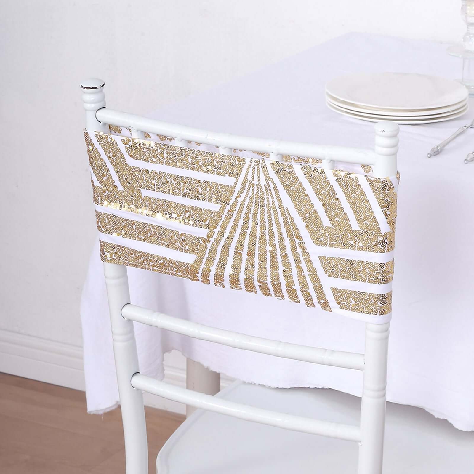 5 Pack Sequin Spandex Chair Sash White with Gold Geometric Diamond Glitz Pattern - Durable & Easy To Use Stretchable Chair Bands for High-End Gatherings