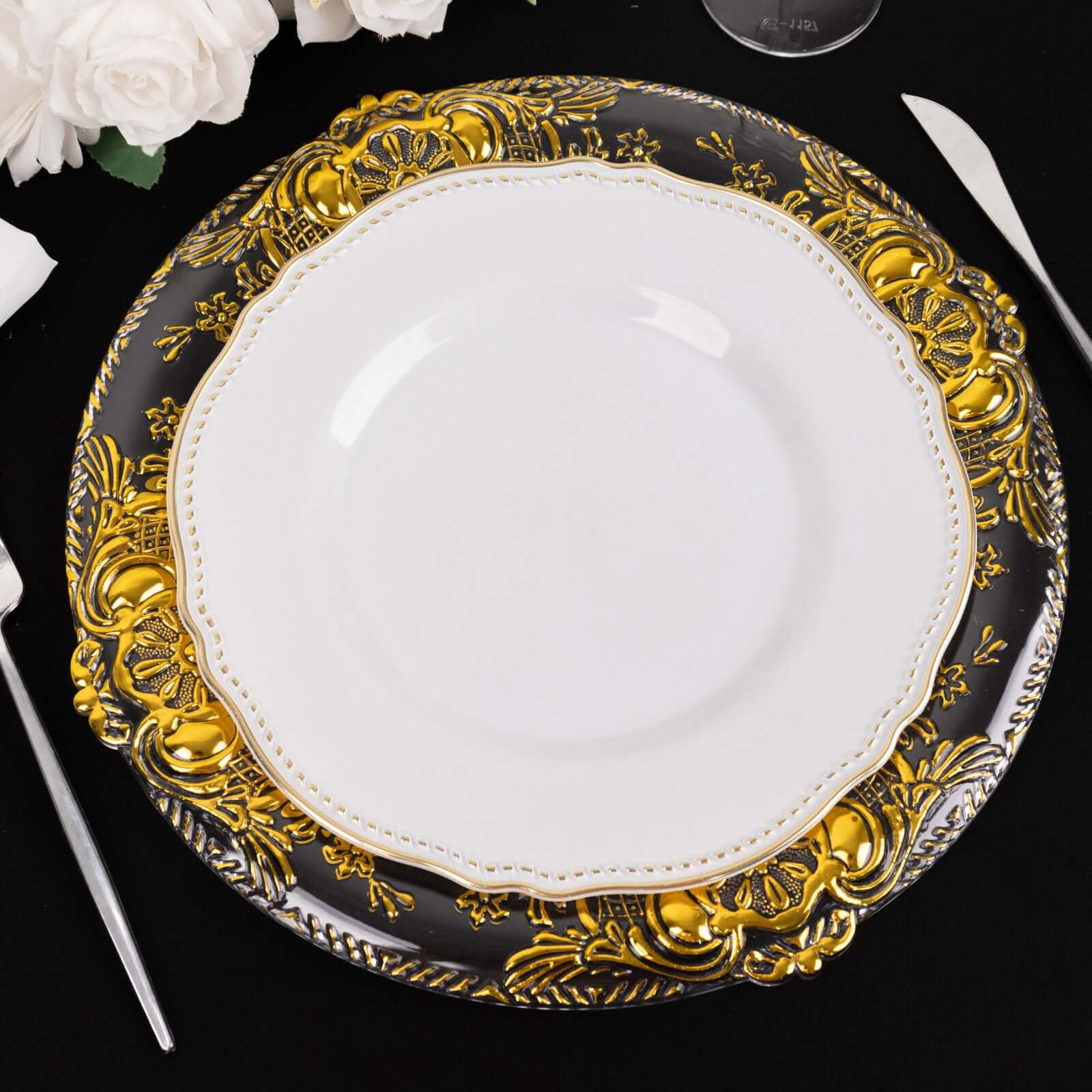 6-Pack Plastic Round Charger Plates 13 in Clear with Gold Florentine Embossed Rim, Exquisite Dinner Serving Plates