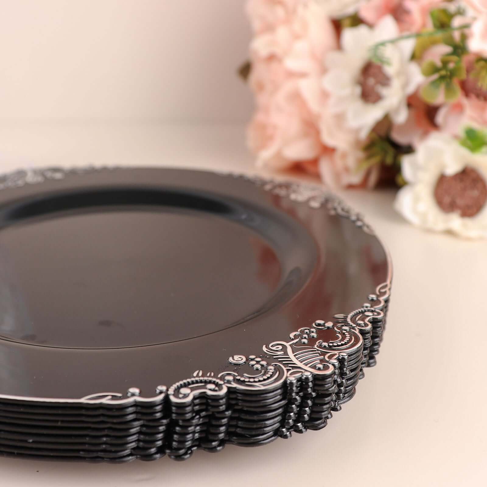 10-Pack Plastic 8 Round Dessert Plates in Black with Silver Leaf Embossed Rim - Disposable Vintage Baroque Style Salad Plates