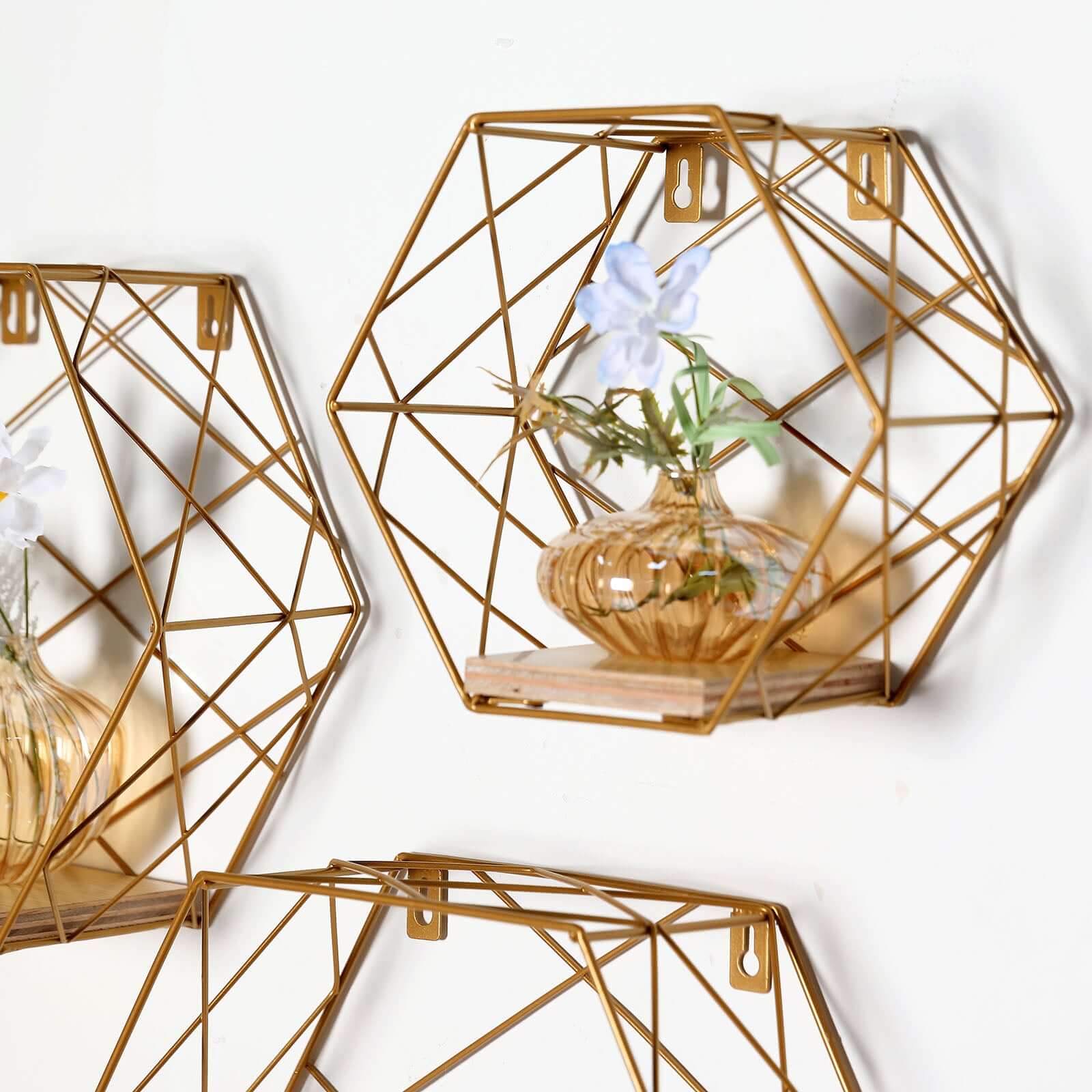 3 Pack Gold Hexagonal Floating Wall Shelves, Decorative Geometric Wall Mounted Shelves - 9,12,14