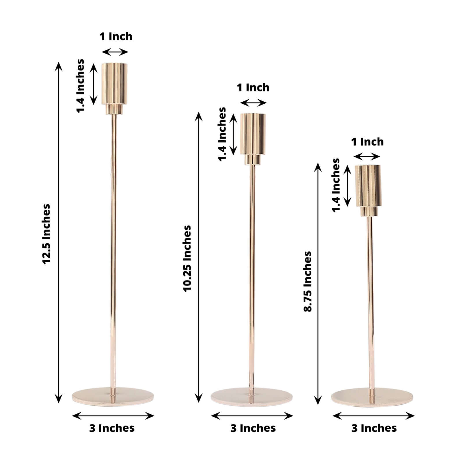 Set of 3 Taper Candle Stands Gold Metal Decorative Round Base Design - Wedding Table Accents 9, 10, 13