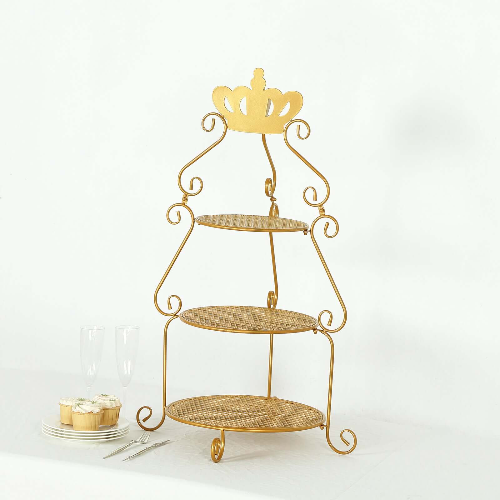 3 Tier Metal Round Cake Stand 32 Gold with Crown Top - Easy To Assemble Cupcake Holder Dessert Display Stand for Sophisticated Tea Parties Buffet Tables & Special Occasions