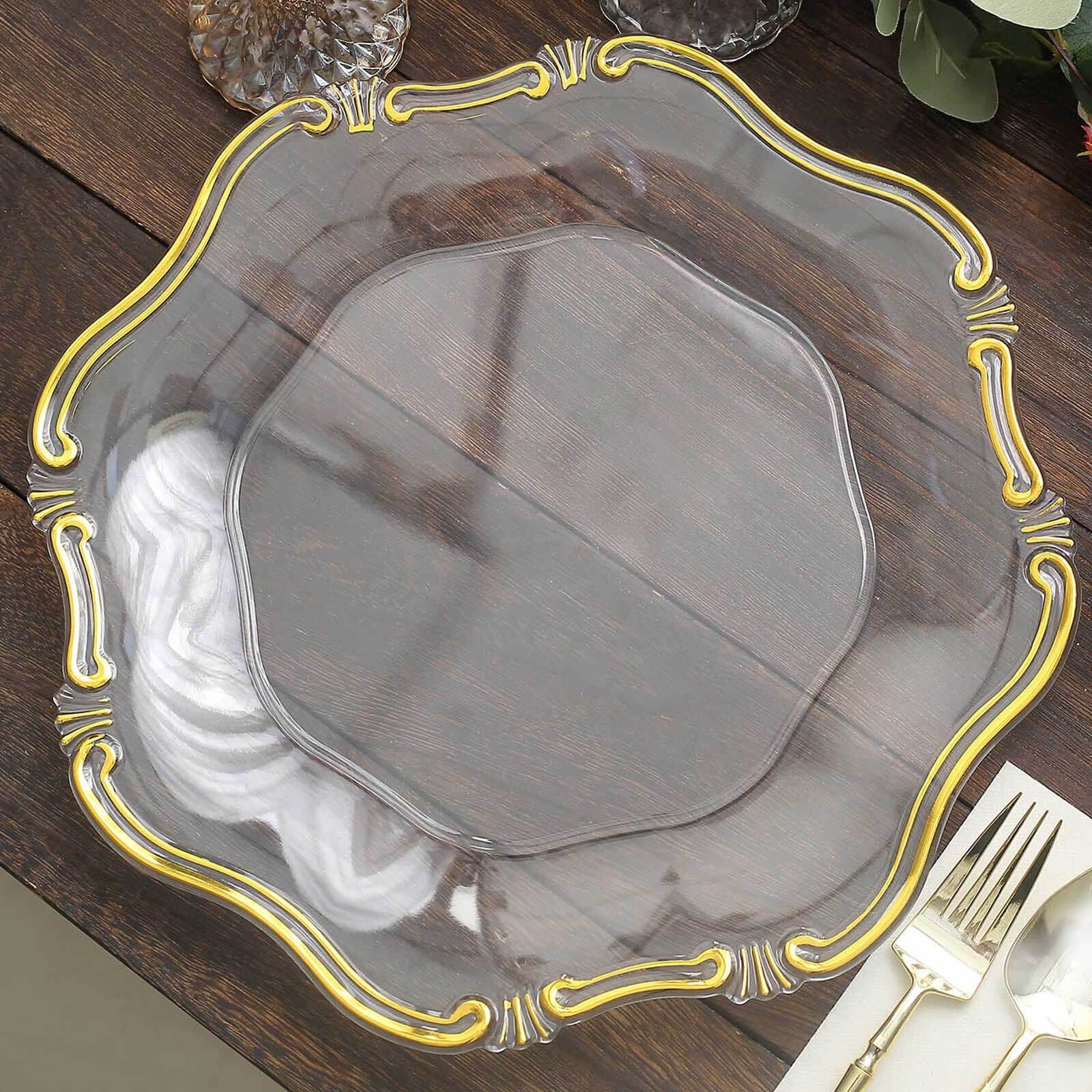 6-Pack Acrylic Plastic Hexagon Charger Plates 13 in Clear with Gold Baroque Scalloped Rim, Exquisite Dinner Serving Plates