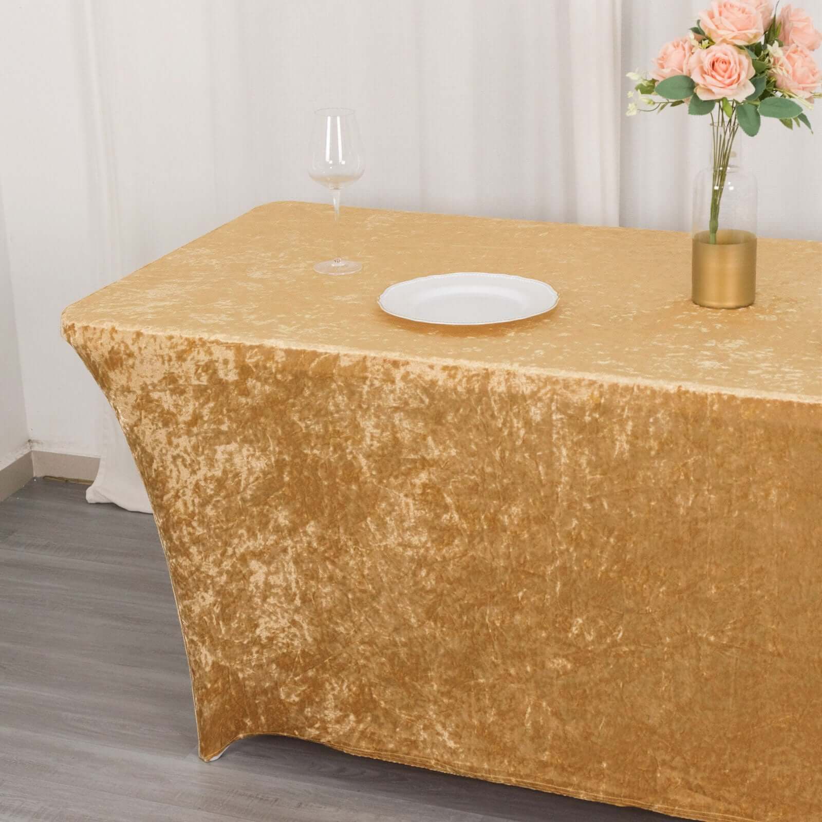 Crushed Velvet Fitted Rectangular 6ft Table Cover Champagne - Wrinkle-Free Stretchy Tablecloth