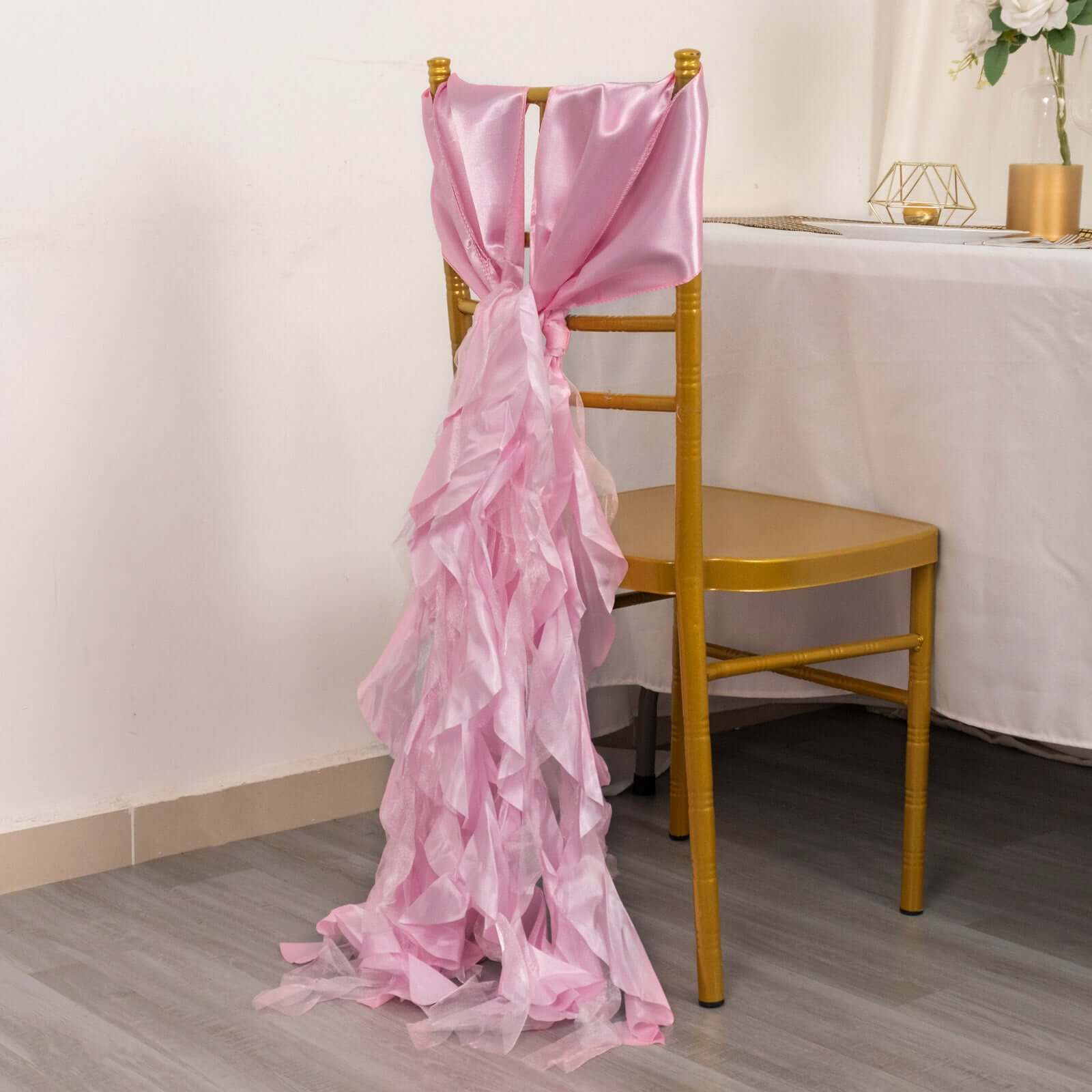 5 Pack Chiffon Satin Chair Sashes Pink - Easy to Install Ruffled Curly Willow