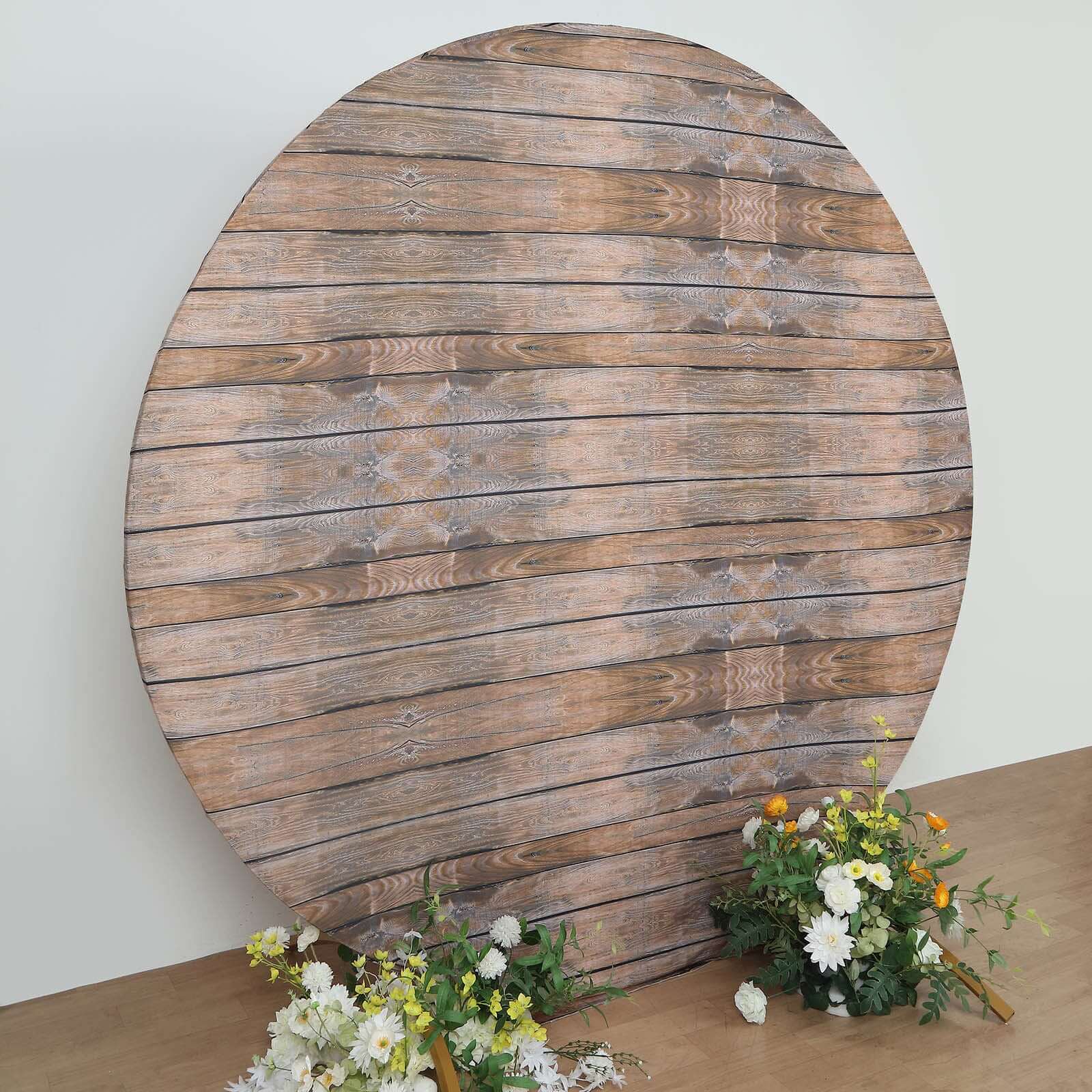 7.5ft Rustic Brown Wood Round Spandex Fit Party Backdrop Stand Cover