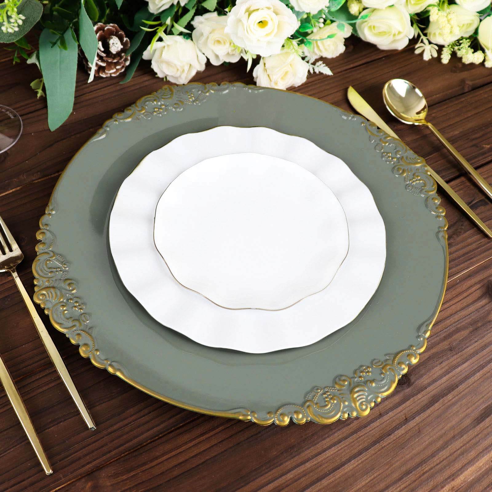 6-Pack Acrylic Round Charger Plates 13 in Olive Green with Gold Embossed Baroque Rim, Antique Decorative Dinner Party Charger Tableware