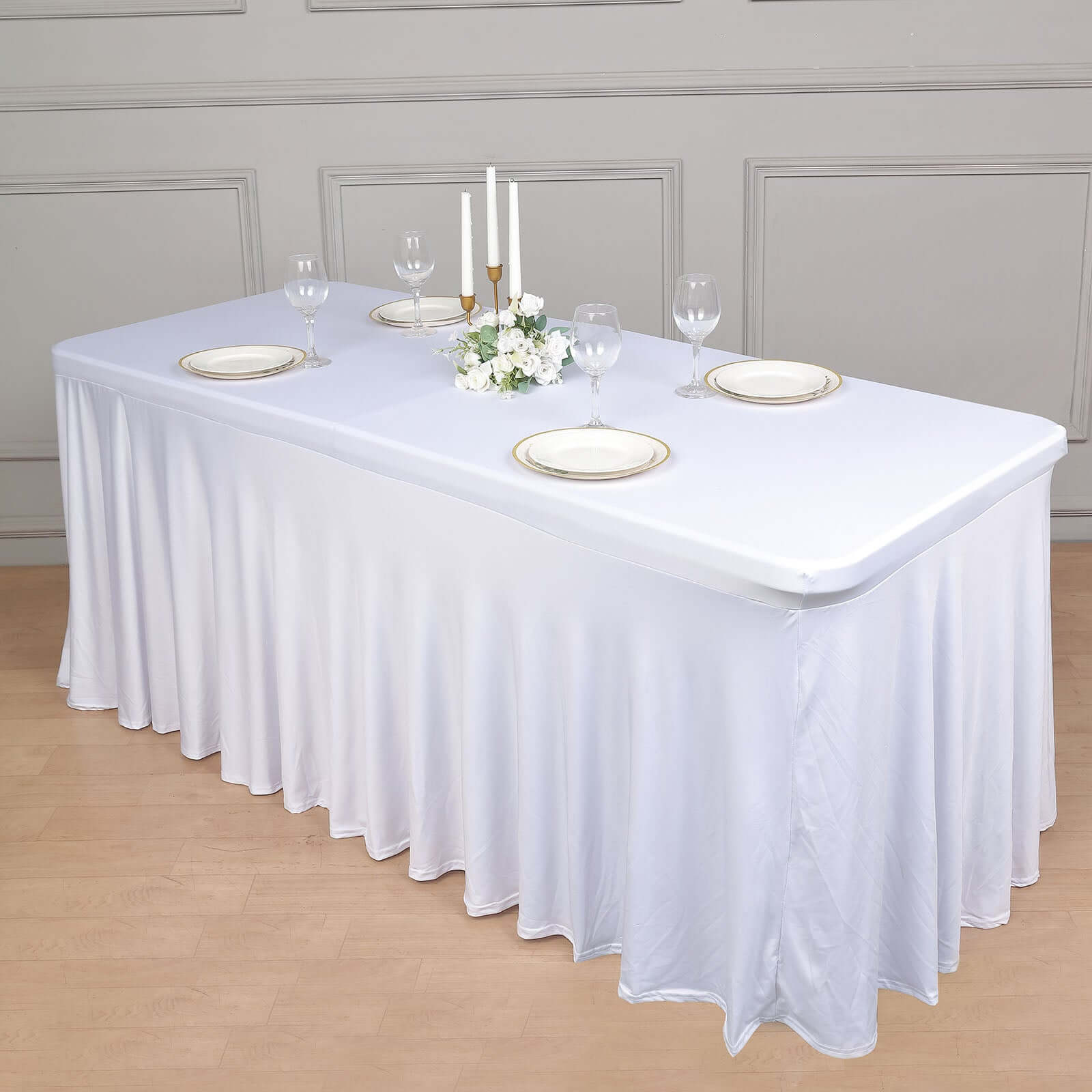 Spandex Rectangle 72x30 Table Skirt White with Wavy Skirt-Like Effect Stylish Table Cover for Weddings, Banquets & Trade Shows