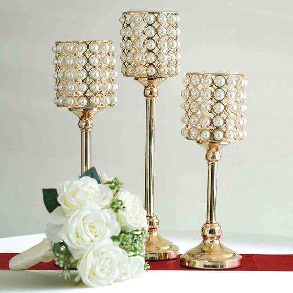 Set of 3 Votive Candle Holders White Pearl Beaded - Gold Sophisticated Small Pillar Stands 12, 14, 16