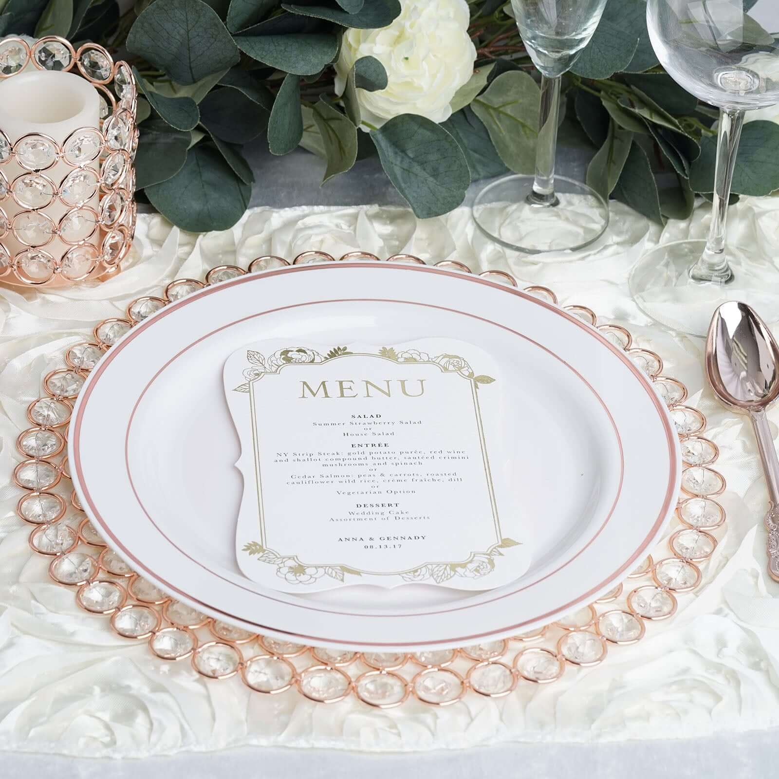 Wired Metal Round Charger Plate 14 in Rose Gold with Acrylic Crystal Beads, Glamorous Decorative Dinner Charger Tableware