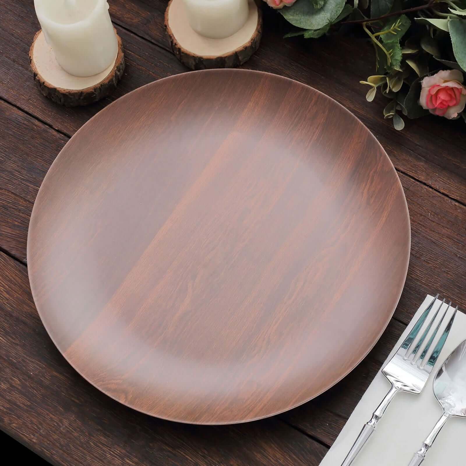 Pack of 6 Melamine 10 Round Dinner Plates in Brown Wood Grain Print - Disposable Shatterproof Party Plates for Rustic Farmhouse-Inspired Table Decor