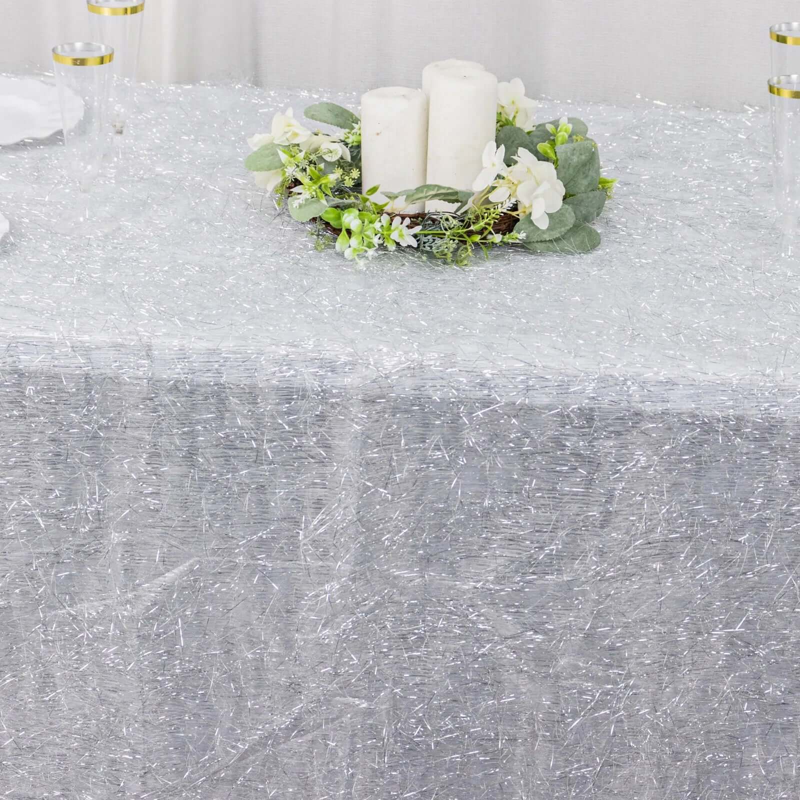 Polyester 90x156 Rectangle Tablecloth Silver Metallic Fringe Shag Tinsel Table Cover