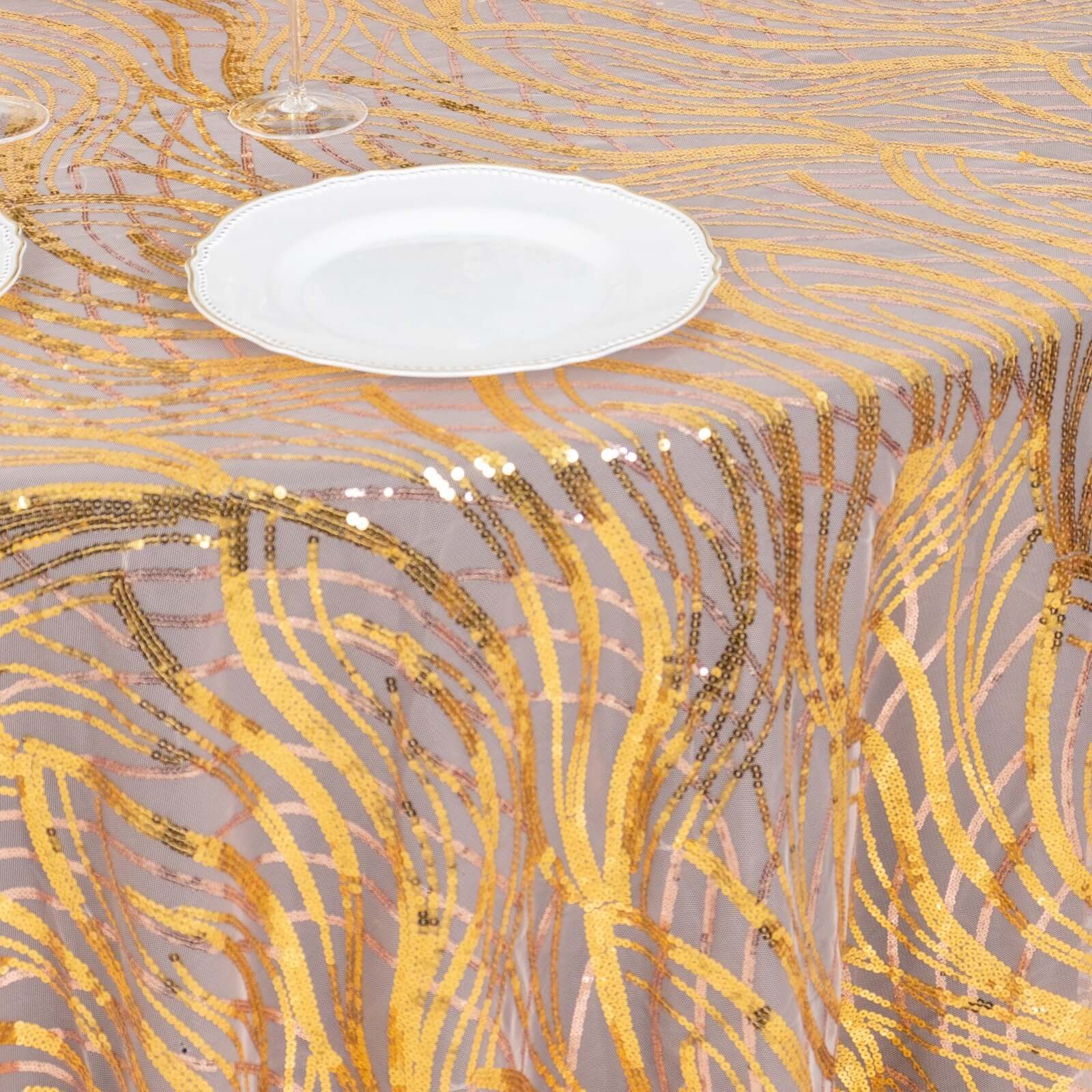 Sequin Mesh 120 Round Tablecloth Rose Gold/Gold - Seamless Wave Embroidered Table Cover