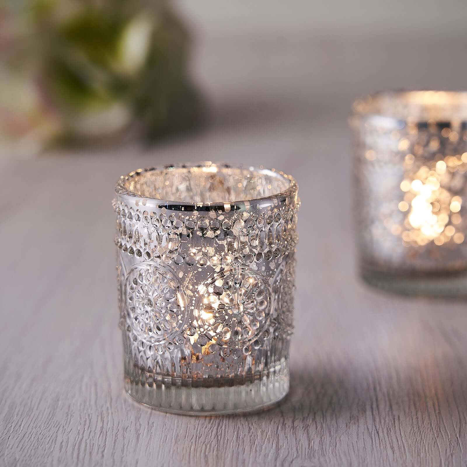 6-Pack Mercury Glass Candle Holders Silver Primrose Design - Votive Tealight Holders for Weddings