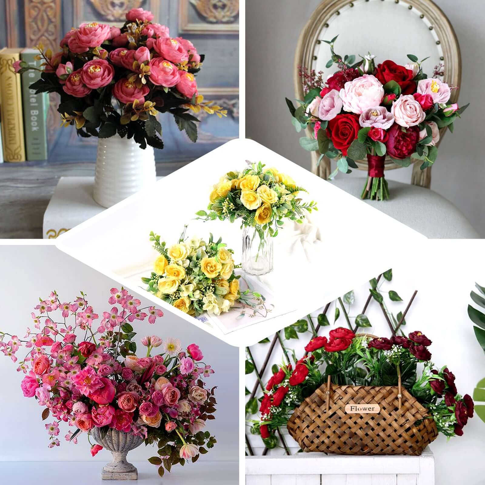 4 Bushes White Artificial Silk Peony Flower Bouquet Arrangement