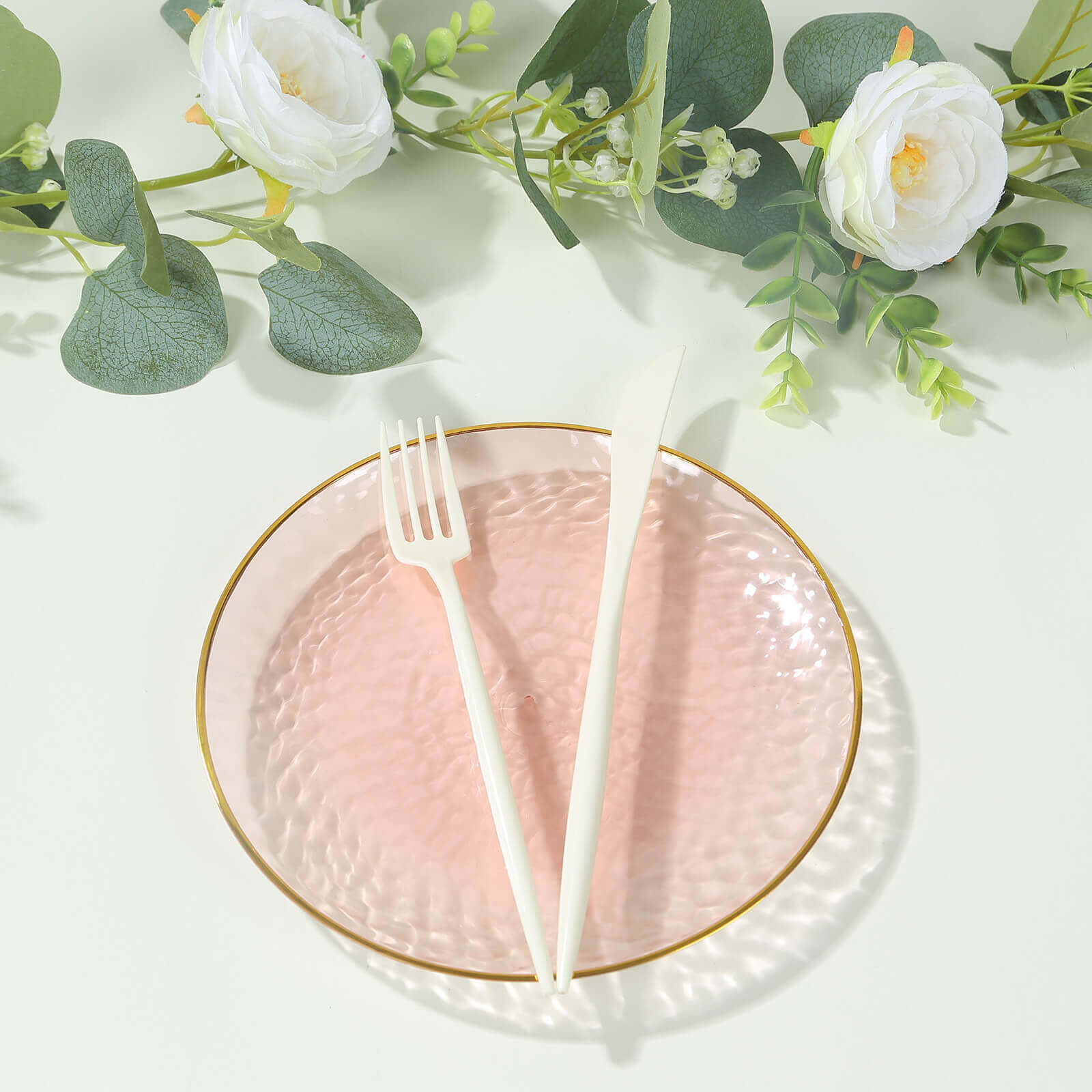 10-Pack Plastic 7 Round Dessert Appetizer Plates in Transparent Blush Hammered Design with Gold Rim - Modern Disposable Salad Plates