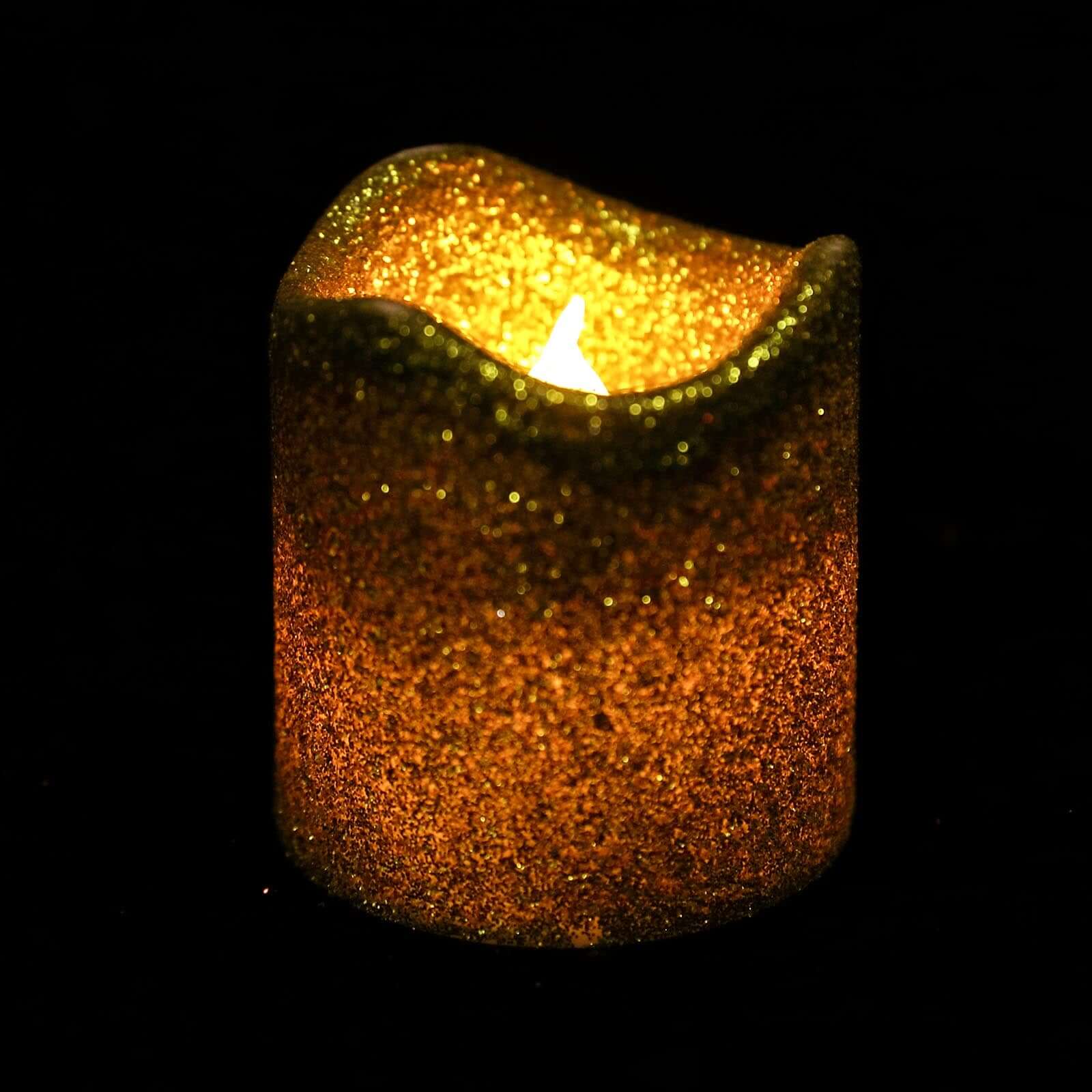 12-Pack LED Votive Candles Glittered Gold Design - Reusable Flameless Battery Operated Lights