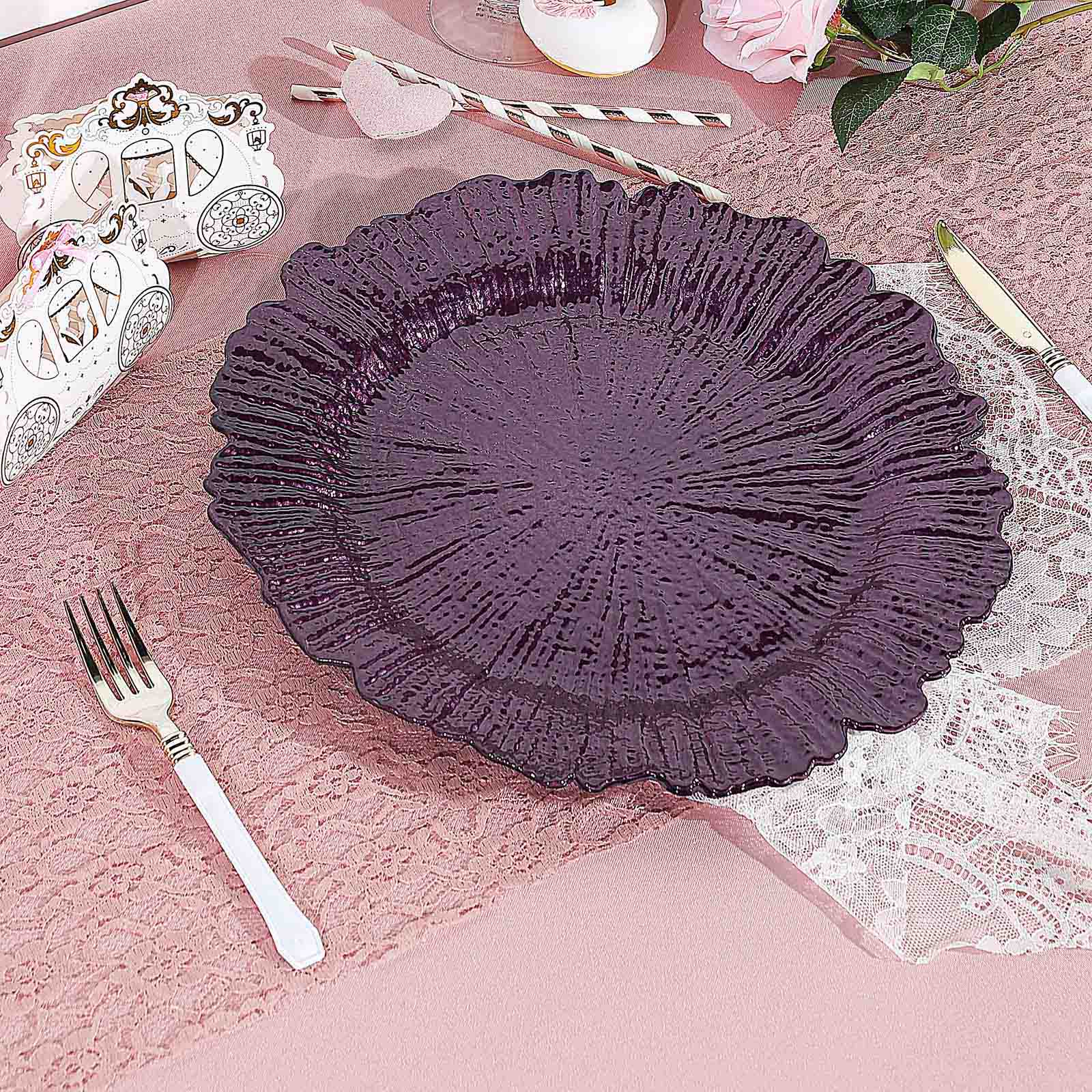 6-Pack Acrylic Plastic Round Charger Plates 13 in Purple with Reef Design, Dinner Charger Tableware