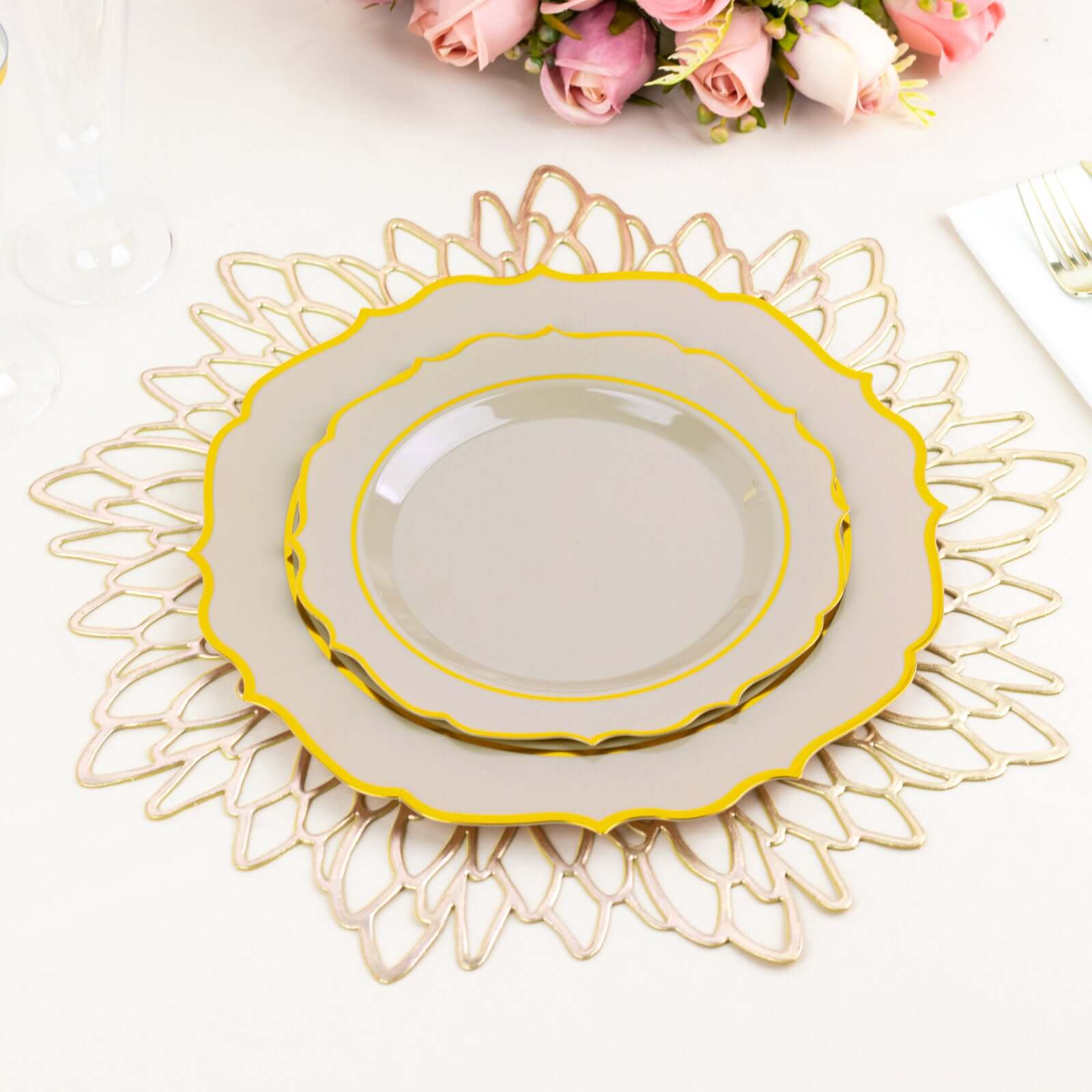 10-Pack Plastic 8 Round Desert Plates in Taupe with Gold Scalloped Rim - Disposable Appetizer/Salad Plates