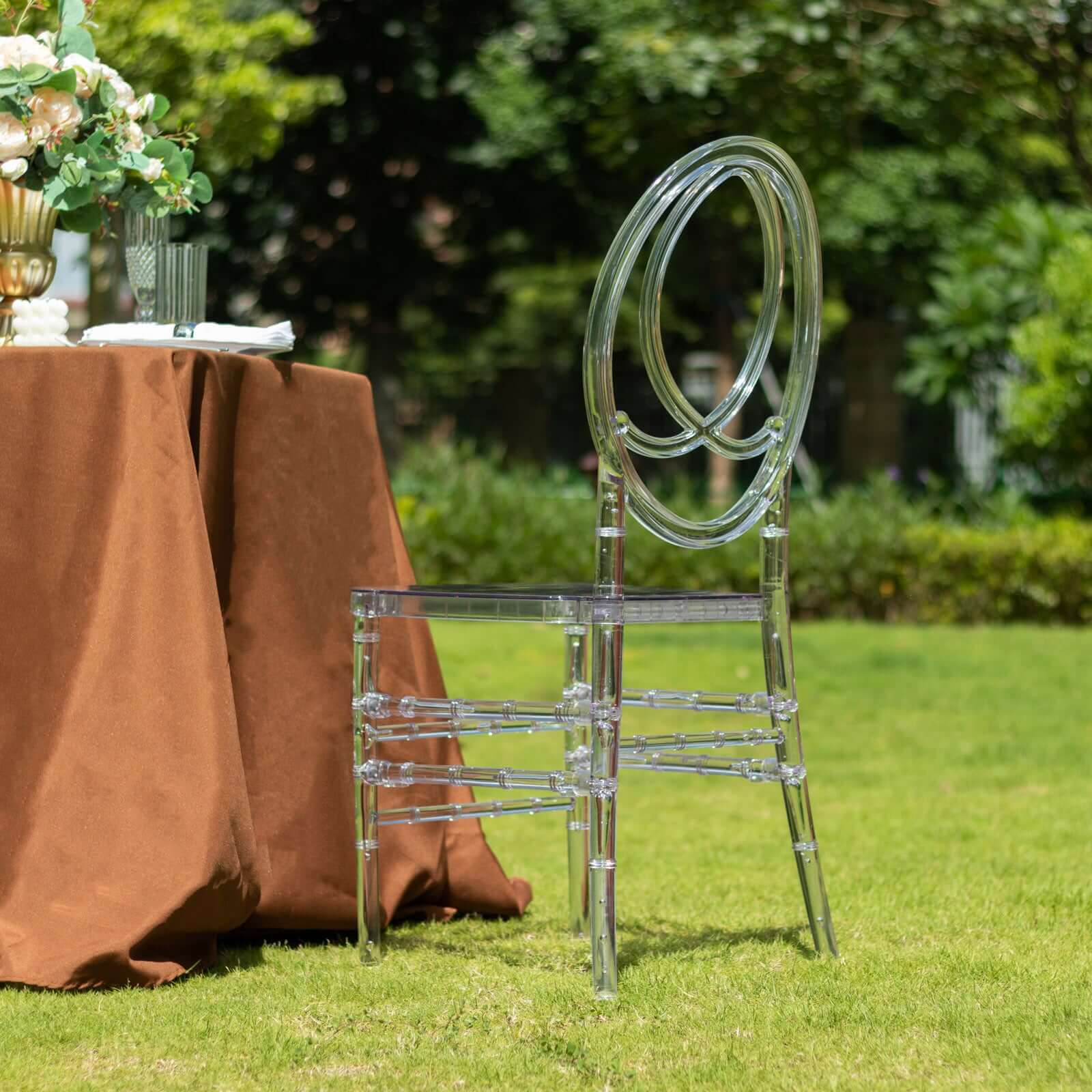 Acrylic Stackable Ghost Chair in Phoenix Chiavari style Transparent Resin with Oval Back Clear - Sleek Armless Design for Weddings & Gatherings