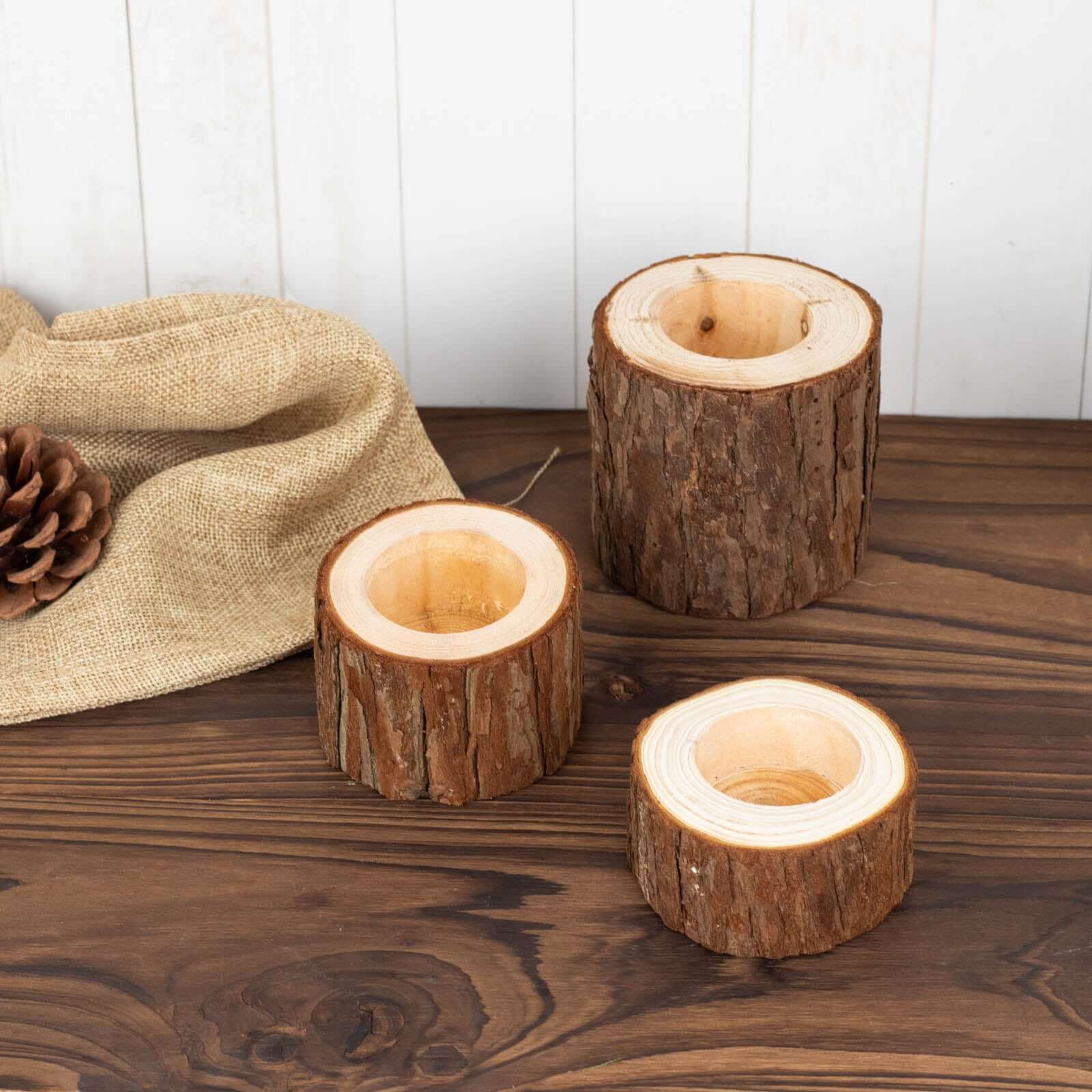 Set of 3 Rustic Wood Slice Votive Candle Holders - Tree Branch Wedding Table Décor 2.75, 1.5, 1.25