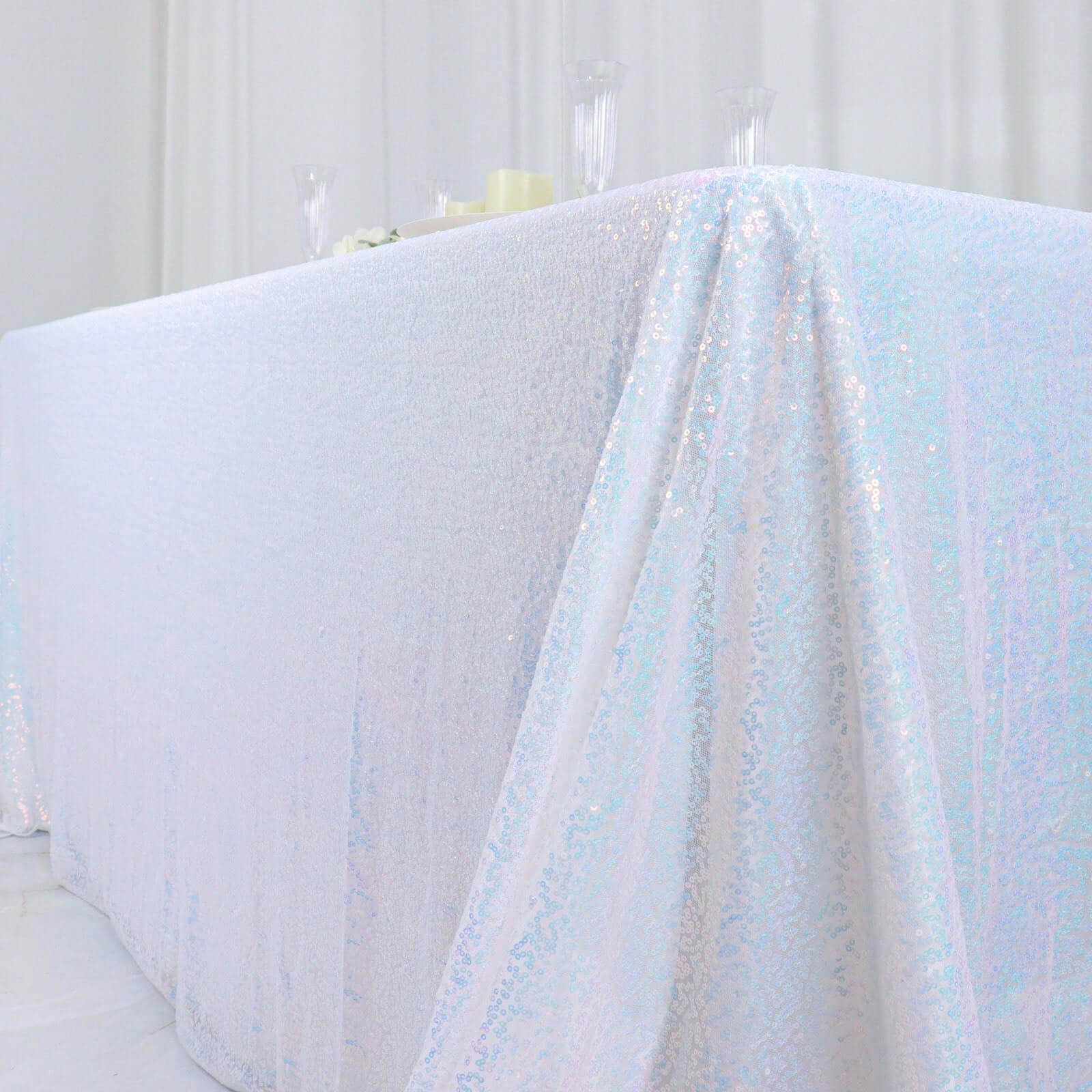 Sequin 90x156 Rectangle Tablecloth Iridescent Blue - Seamless Twinkling Table Cover