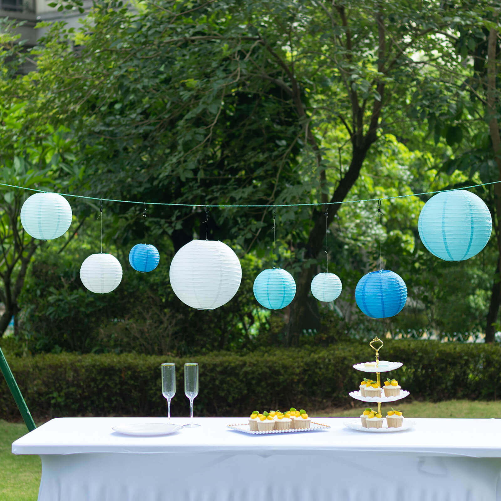 Set of 8 Mixed Blue White Hanging Paper Lanterns, Decorative Round Chinese Sky Lanterns, Assorted Sizes - 6,8,10,14