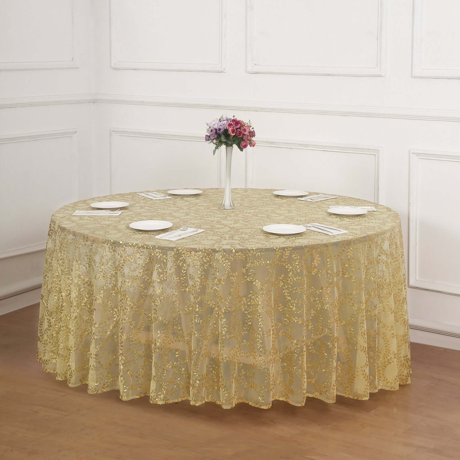 Tulle 120 Round Tablecloth Gold - Seamless Sequin Leaf Embroidered Design for Sophisticated Occasions