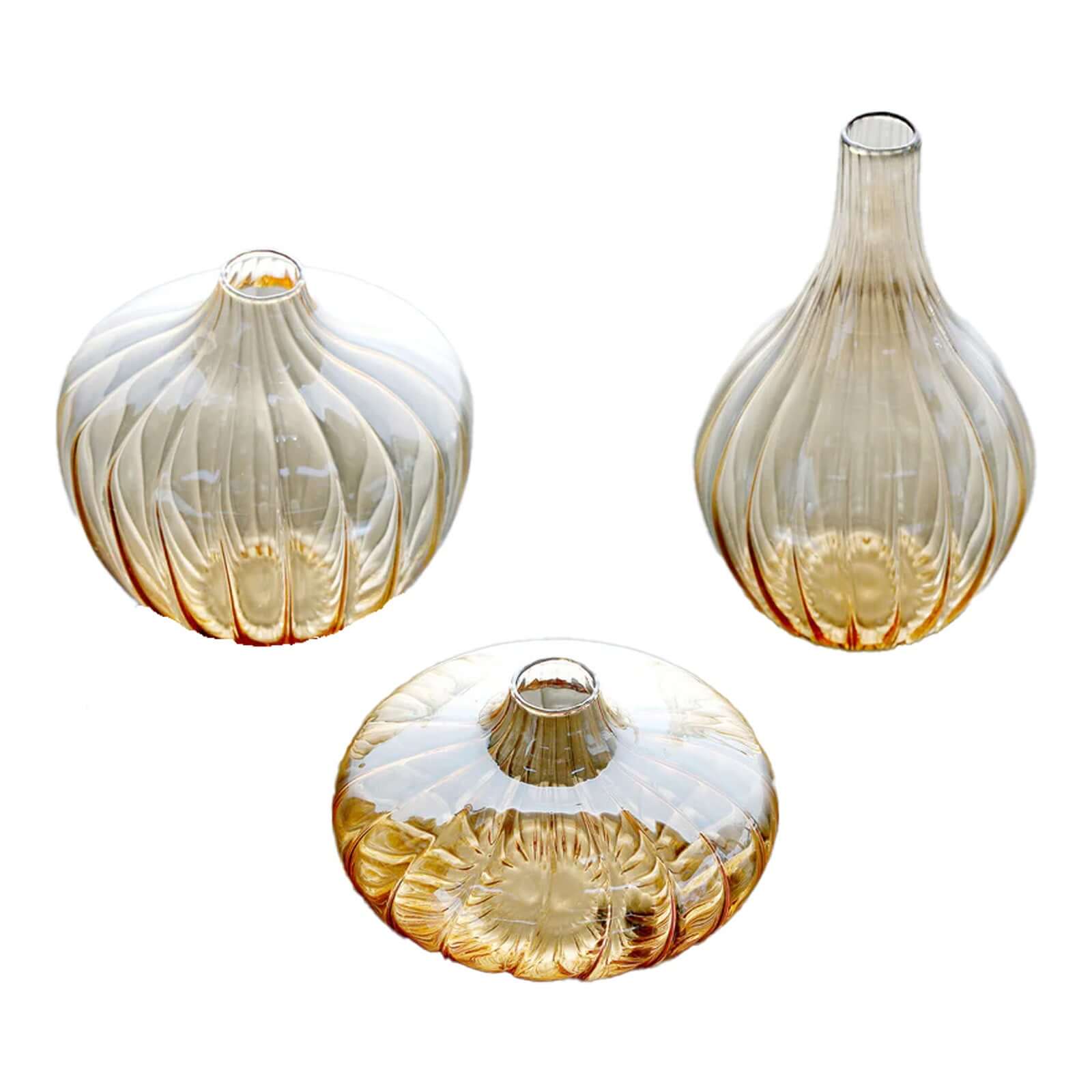 Set of 3 Gold Glass Ribbed Design Mini Flower Bud Vases, Table Centerpiece Set - Assorted Sizes