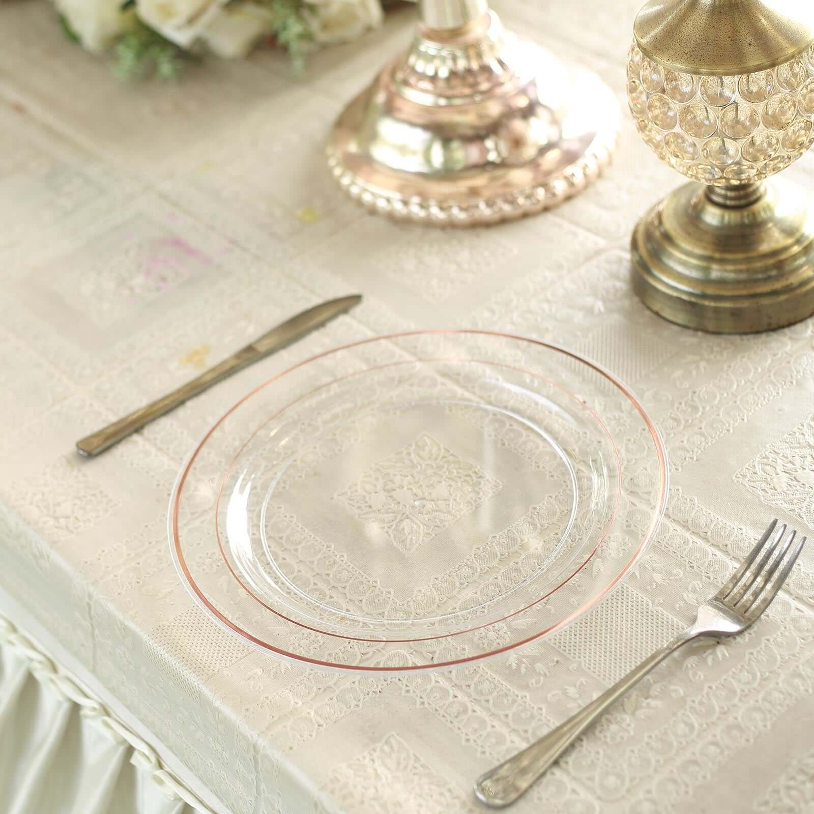 10-Pack Plastic Dinner Plates Clear with Très Chic Rose Gold Rim - Perfect Disposable Party Plates 10