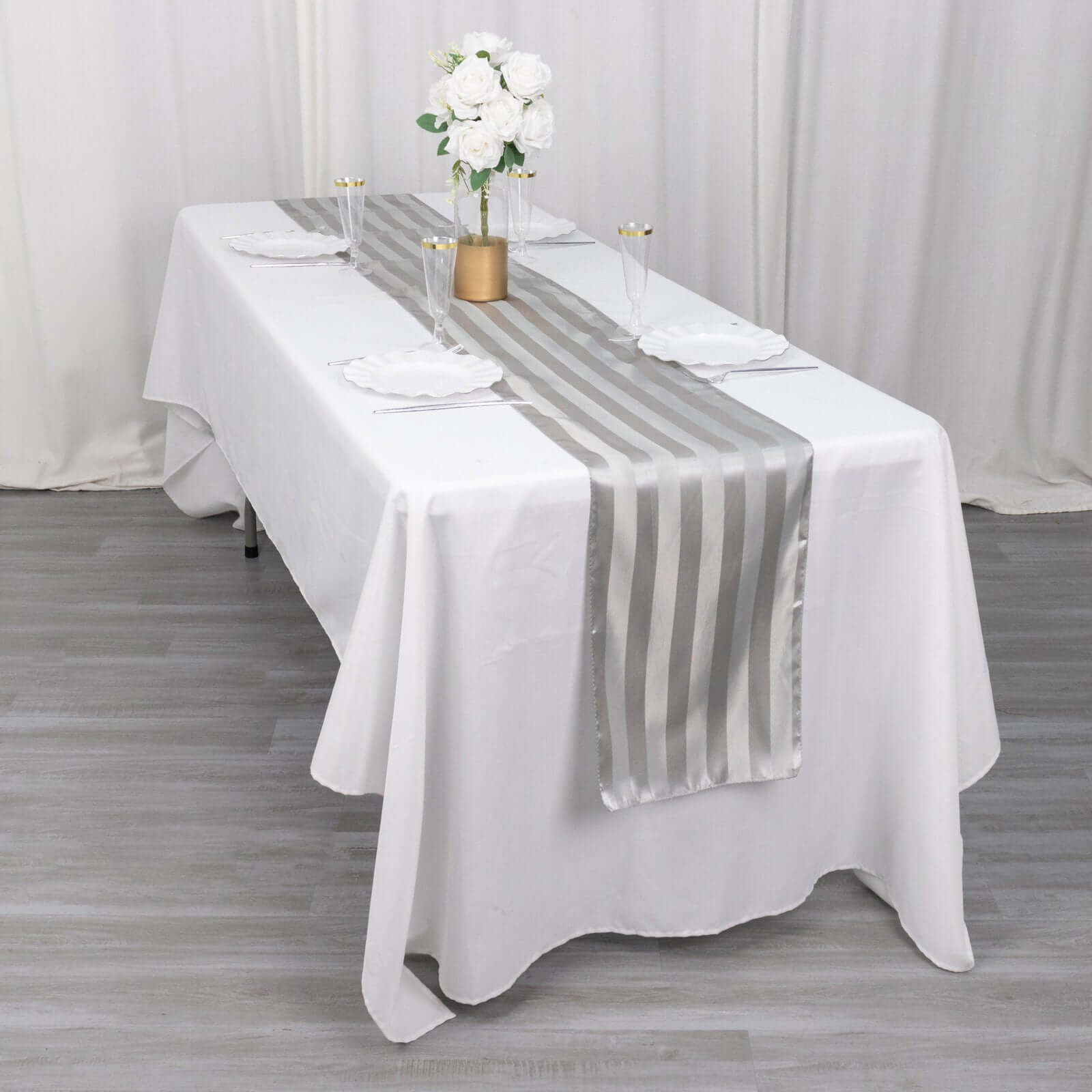 Satin 12x108 Table Runner Silver Stripe - Stripe Table Decor