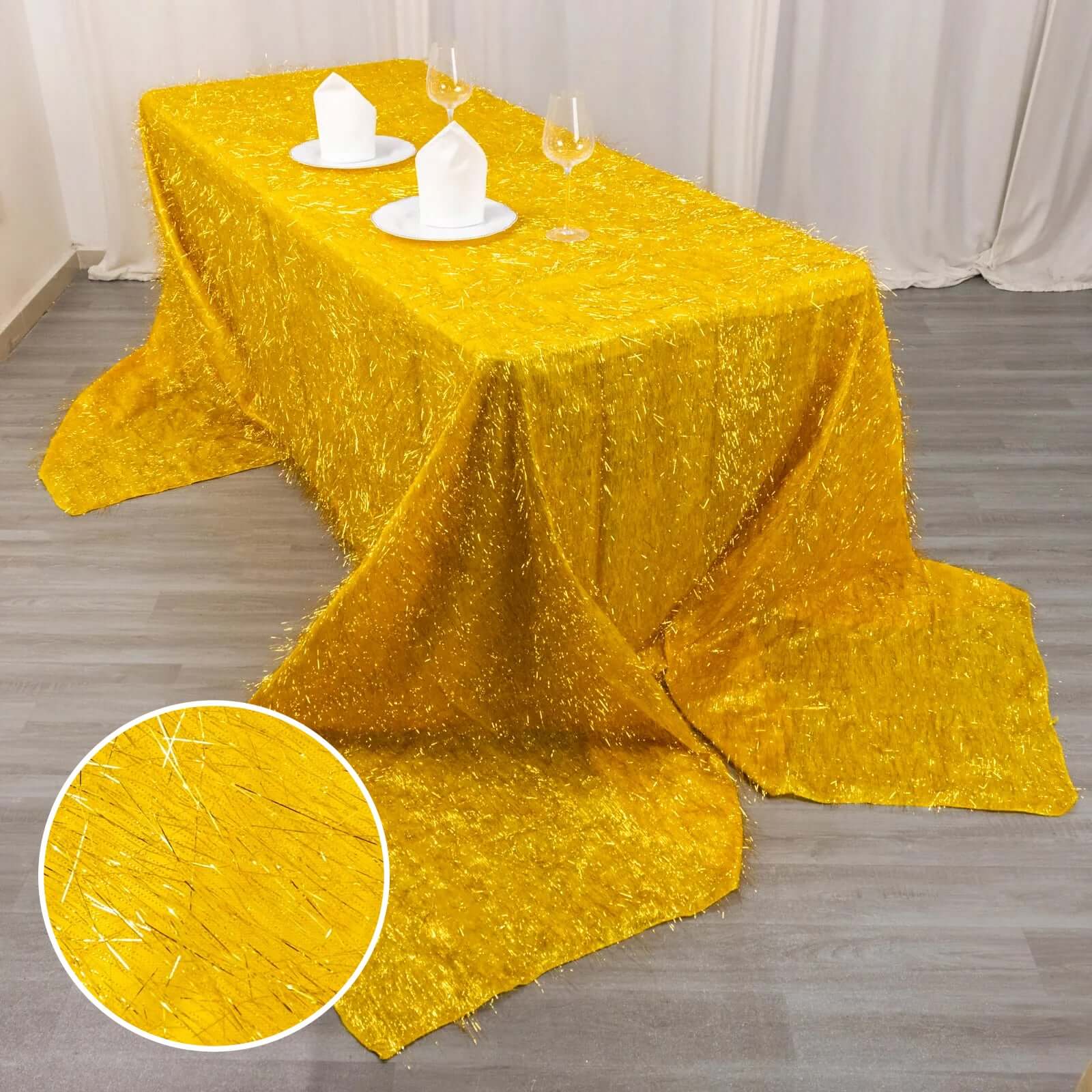 Polyester 90x156 Rectangle Tablecloth Gold Metallic Fringe Shag Tinsel Design Table Cover for Events Decor