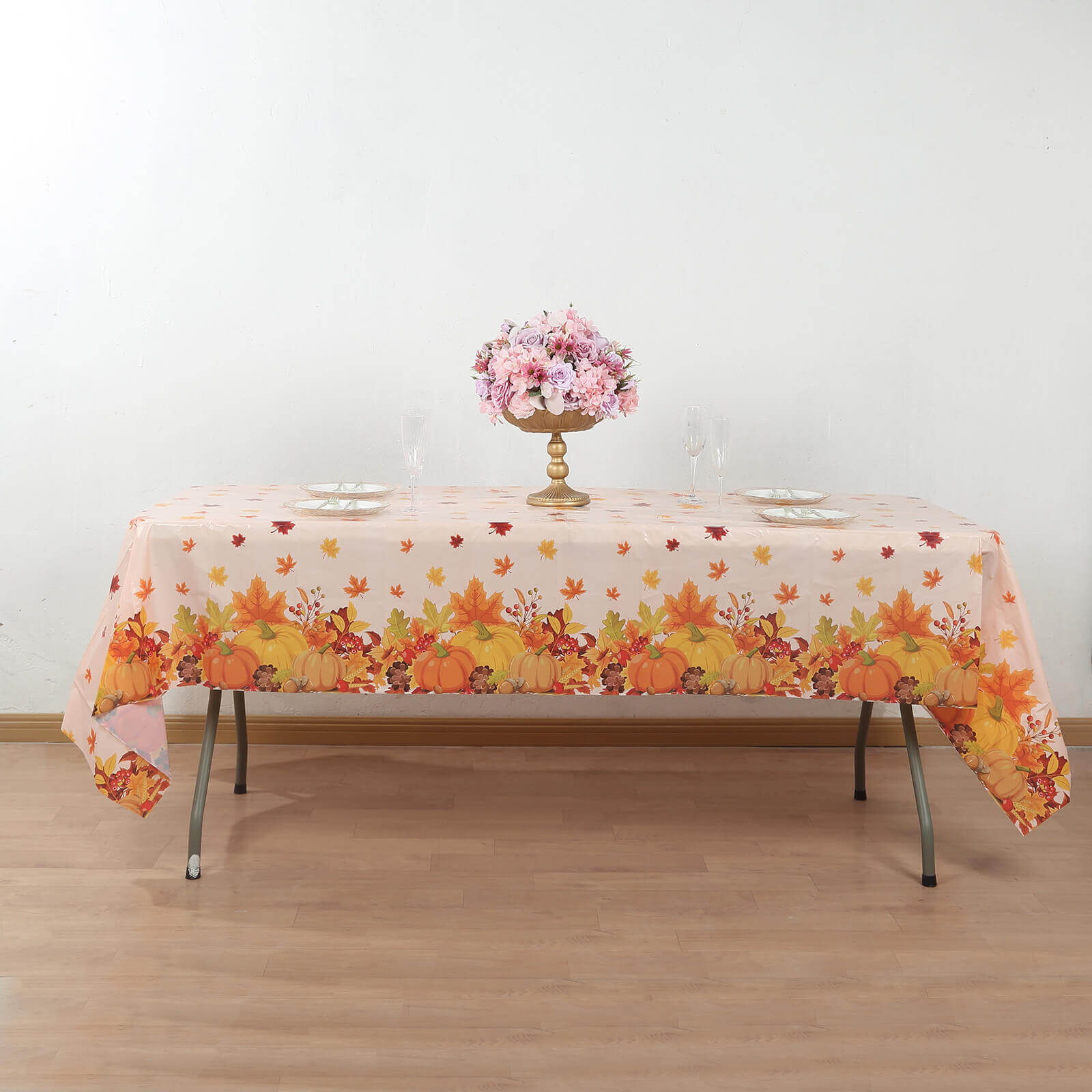 5-Pack Plastic Tablecloths Orange Thanksgiving Rectangle with Fall Leaves Pumpkin Print - Festive PVC Disposable Table Covers 54x108