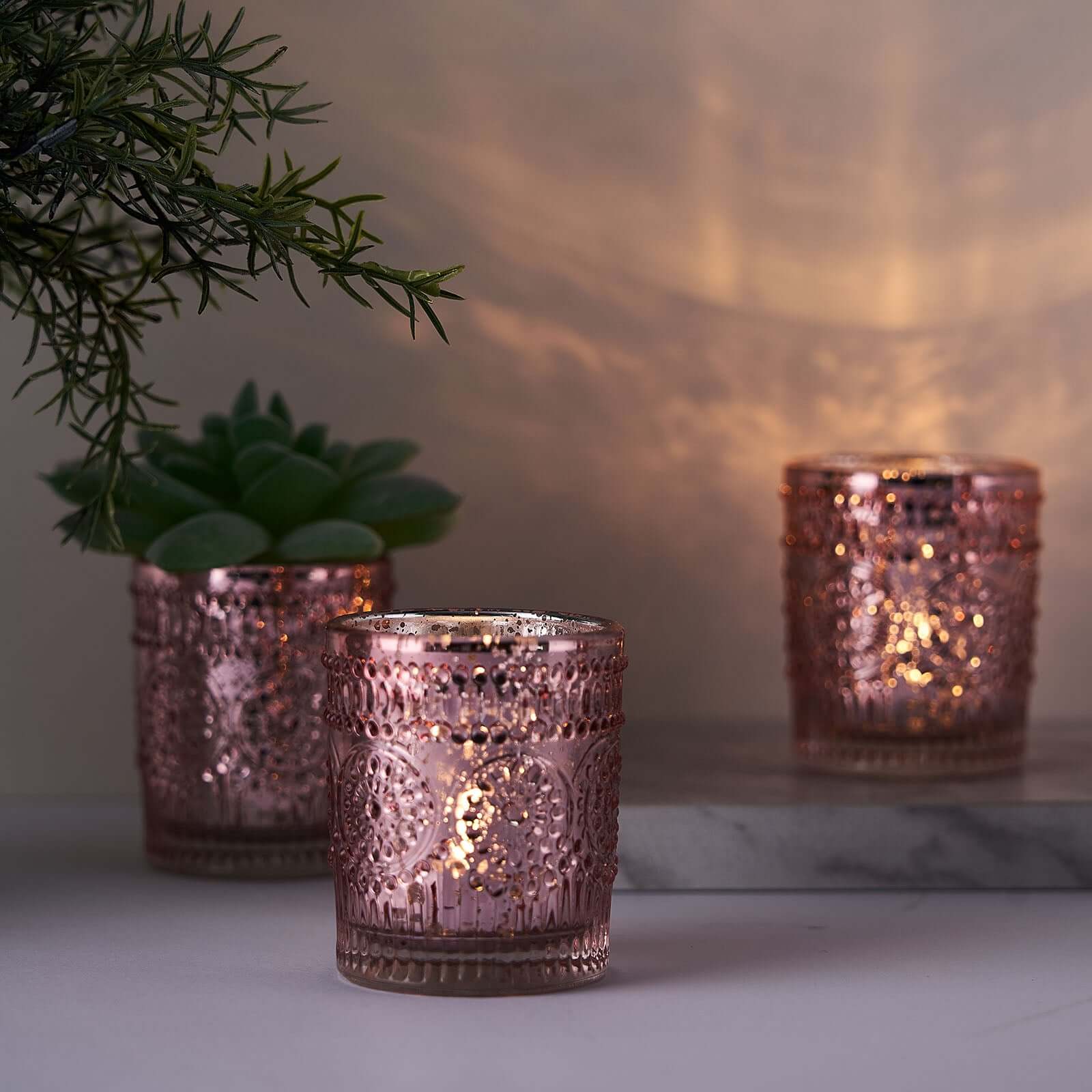 6-Pack Mercury Glass Candle Holders Rose Gold Primrose Design - Votive Tealight Holders for Weddings